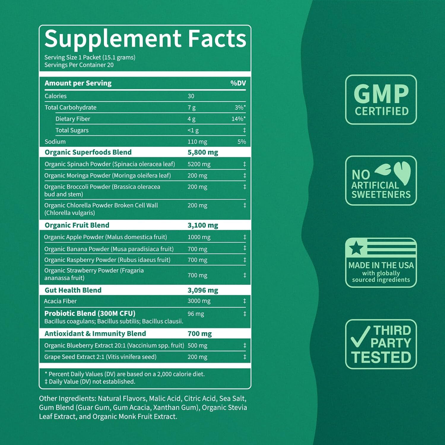 Supergreens Superfood Drink Mix with Chlorella, Moringa, Spinach, Broccoli, Digestive Enzymes, and Probiotics – Apple Pear Flavor, 20 Servings, Travel Pack