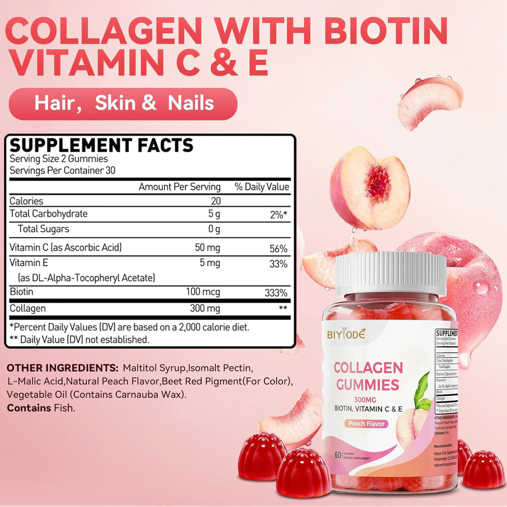 Collagen Gummies with Biotin, Vitamin C & E, Hydrolyzed Collagen Peptides for Hair, Skin & Nail Support, Peach Flavor, Sugar Free, Gluten Free, 30 Day Supply