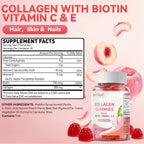 Collagen Gummies with Biotin, Vitamin C & E, Hydrolyzed Collagen Peptides for Hair, Skin & Nail Support, Peach Flavor, Sugar Free, Gluten Free, 30 Day Supply