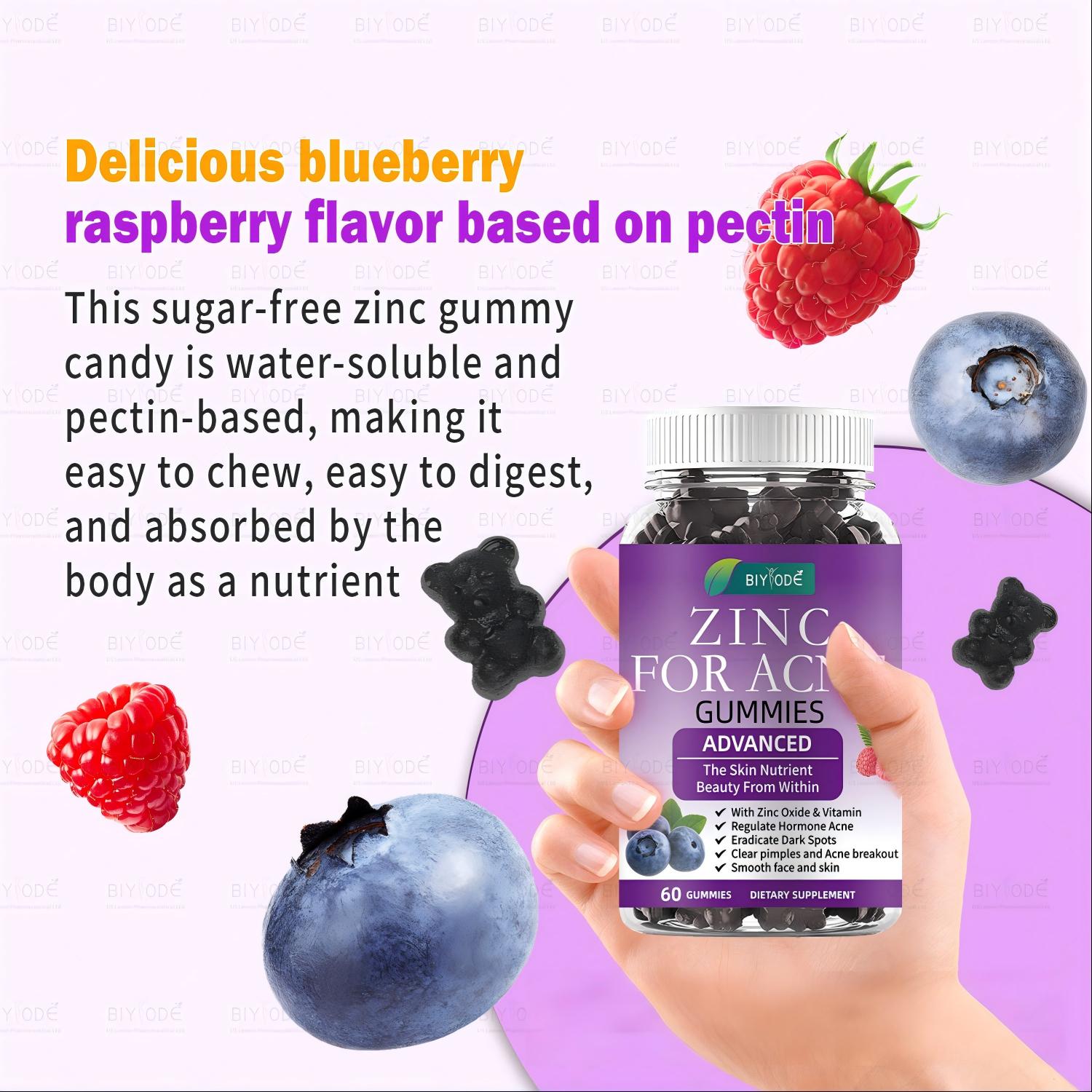 Zinc for Acne Gummies - 60 Gummies, Pectin-Based, Sugar-Free, with Zinc Oxide & Vitamin, Blueberry Raspberry Flavor - Helps Clear Pimples, Regulate Hormonal Acne, Eradicate Dark Spots, Smooth Skin - Dietary Supplement for Acne-Prone Skin