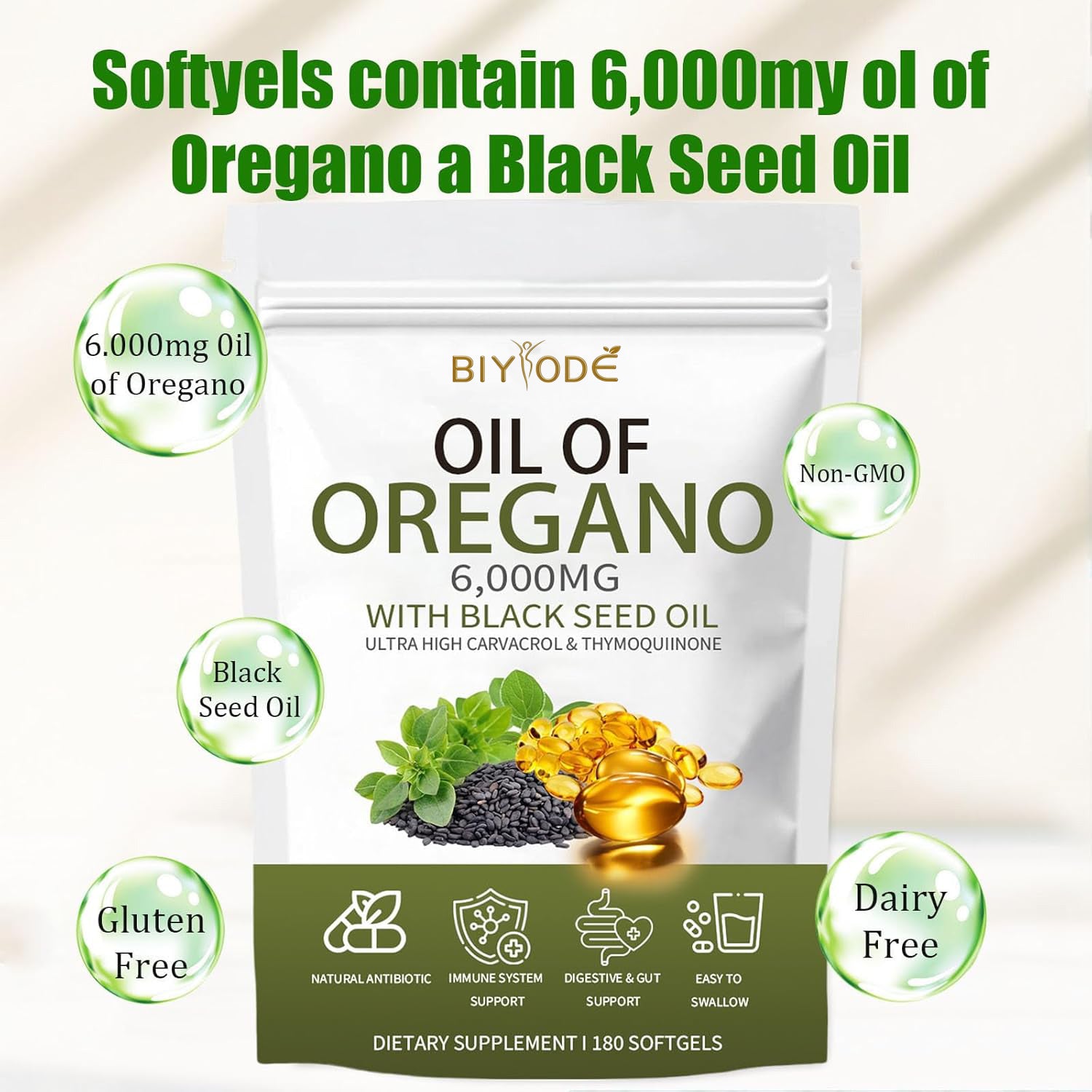 Oil of Oregano with Black Seed Oil, Oil of Oregano Softgels, 6000mg Pure & Natural Supplement, Immune Support | Improving Gut Health | Boosts Energy, Non-GMO, Gluten Free (1)