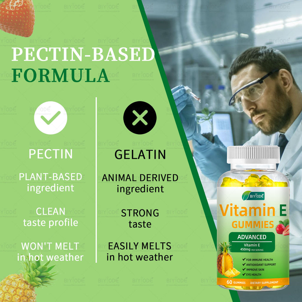 BIYODE Advanced Vitamin E Gummies 450mg, High Potency Vitamin E Supplement for Immune Support, Antioxidant, Skin & Eye Health, Sugar Free, Pectin-Based, Water Soluble, Delicious Pineapple Strawberry Flavor, 60 Gummies