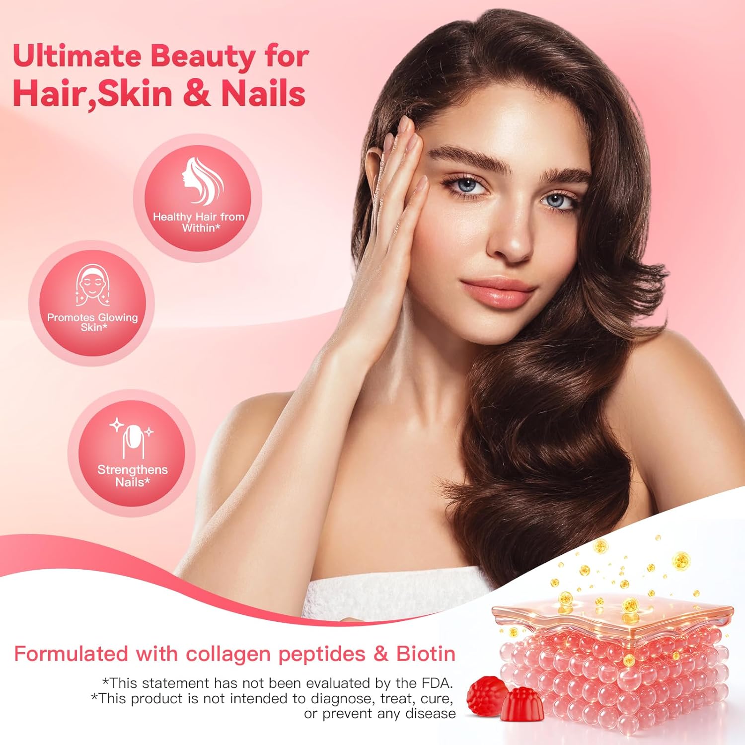 Collagen Gummies with Biotin, Vitamin C & E, Hydrolyzed Collagen Peptides for Hair, Skin & Nail Support, Peach Flavor, Sugar Free, Gluten Free, 30 Day Supply