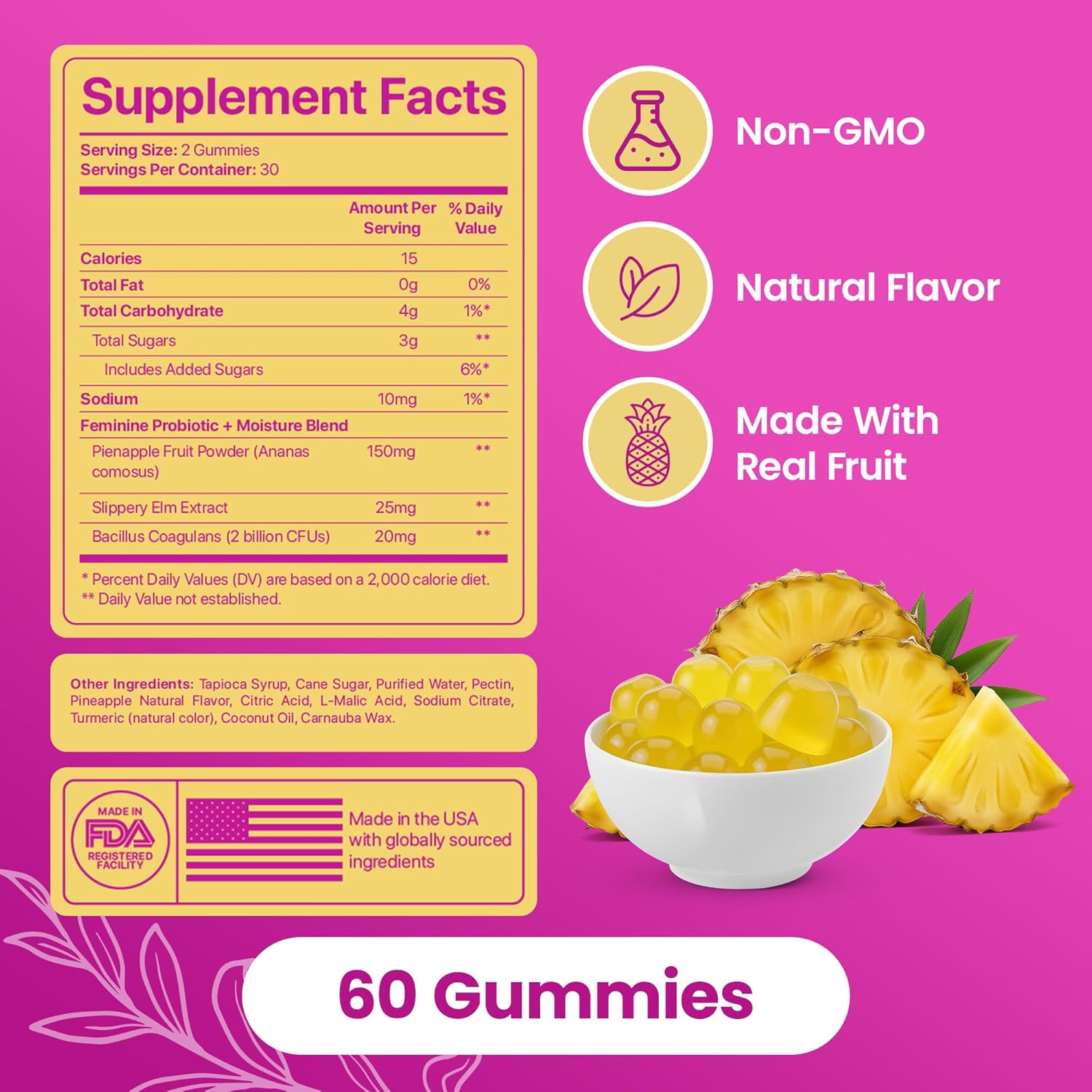 Feminine Probiotic and Moisture Gummies, Pineapple Flavor, Women’s Probiotic Gummies for Vaginal Health, pH Balance, Odor Control, Flora Support and Moisture Boost, 60 Count