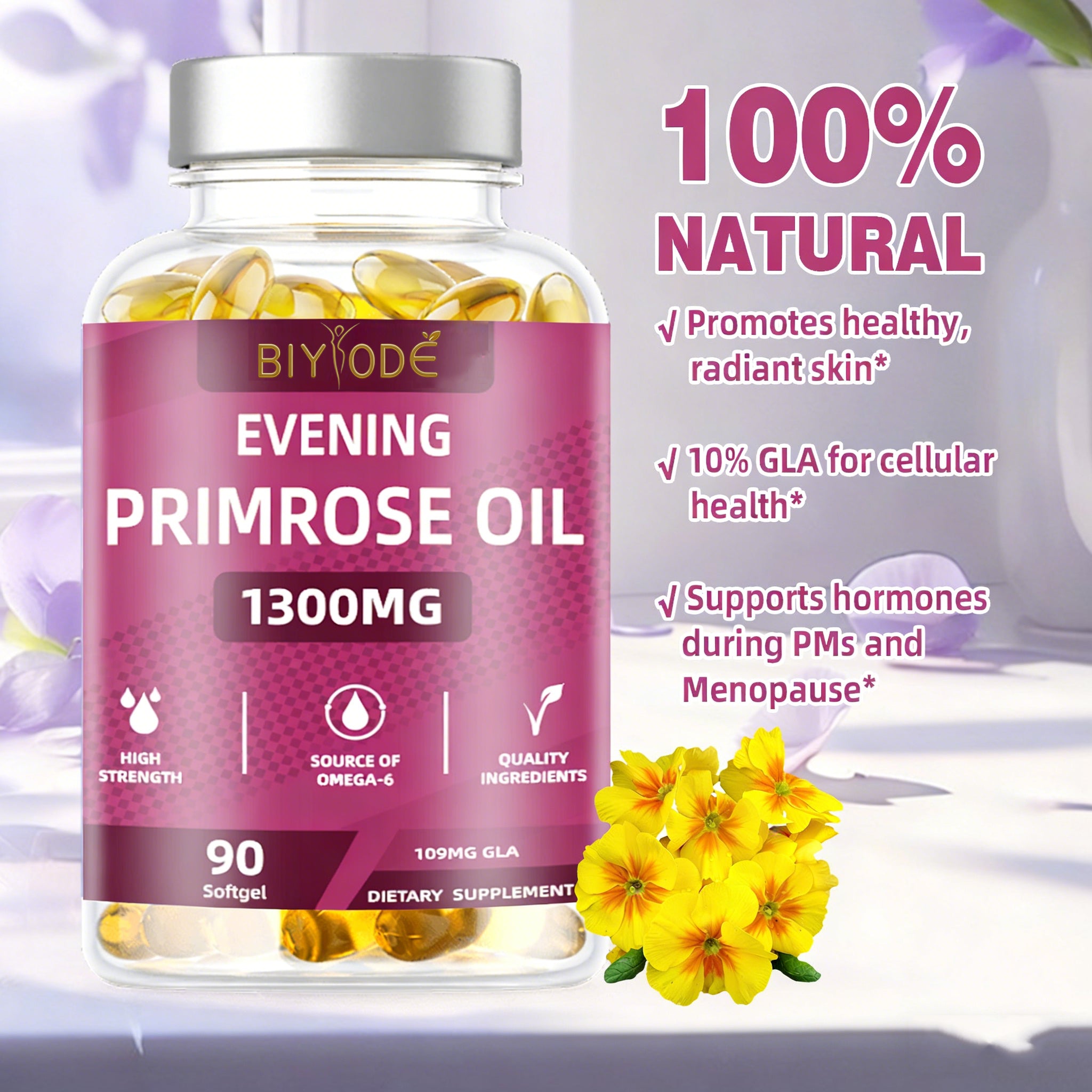 Evening Primrose Oil 1300mg Softgels - 90 Count, 109mg GLA Omega-6 Supplement for Healthy Skin, Hormone Support (PMS & Menopause), Non-GMO, Gluten-Free, Third-Party Tested