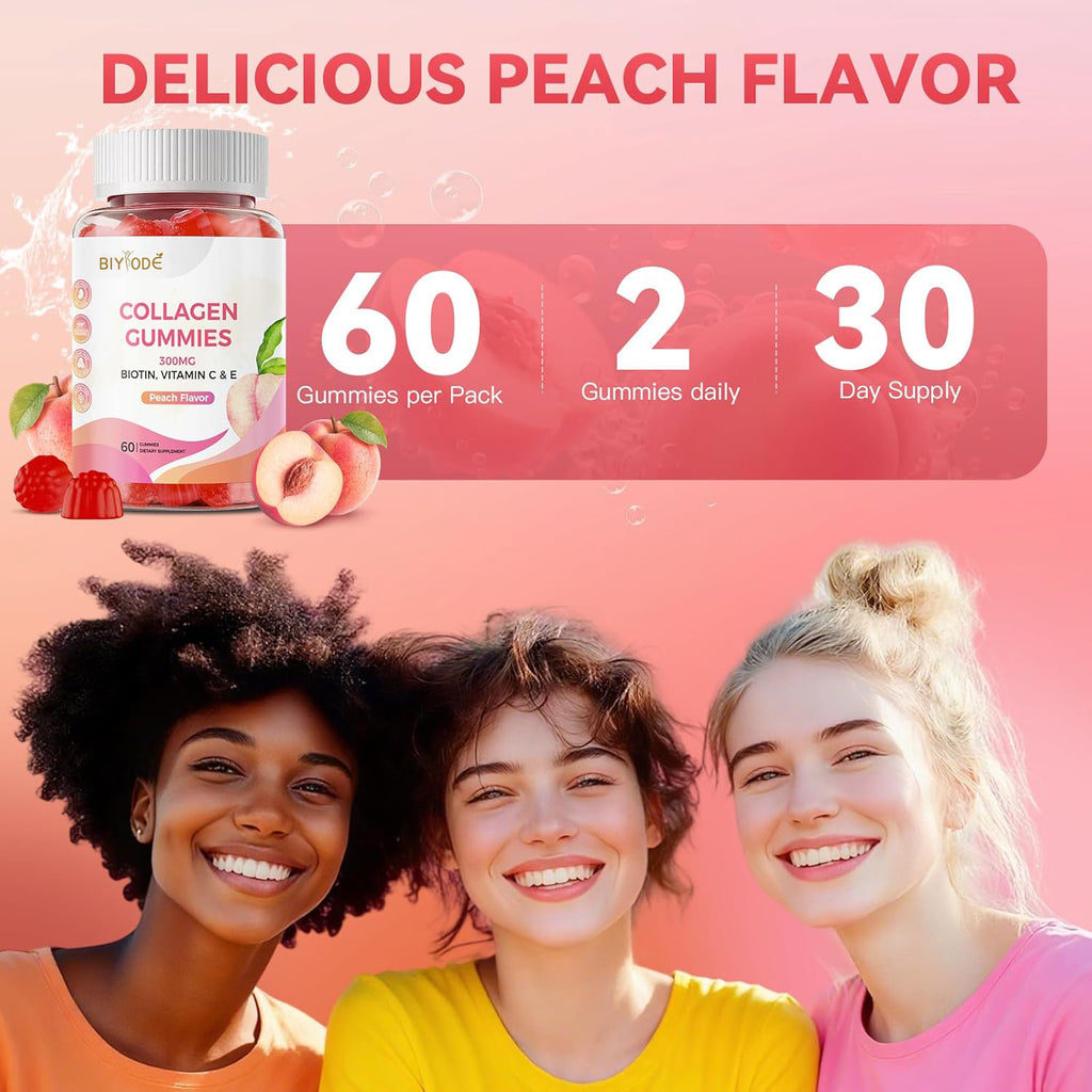 Collagen Gummies with Biotin, Vitamin C & E, Hydrolyzed Collagen Peptides for Hair, Skin & Nail Support, Peach Flavor, Sugar Free, Gluten Free, 30 Day Supply