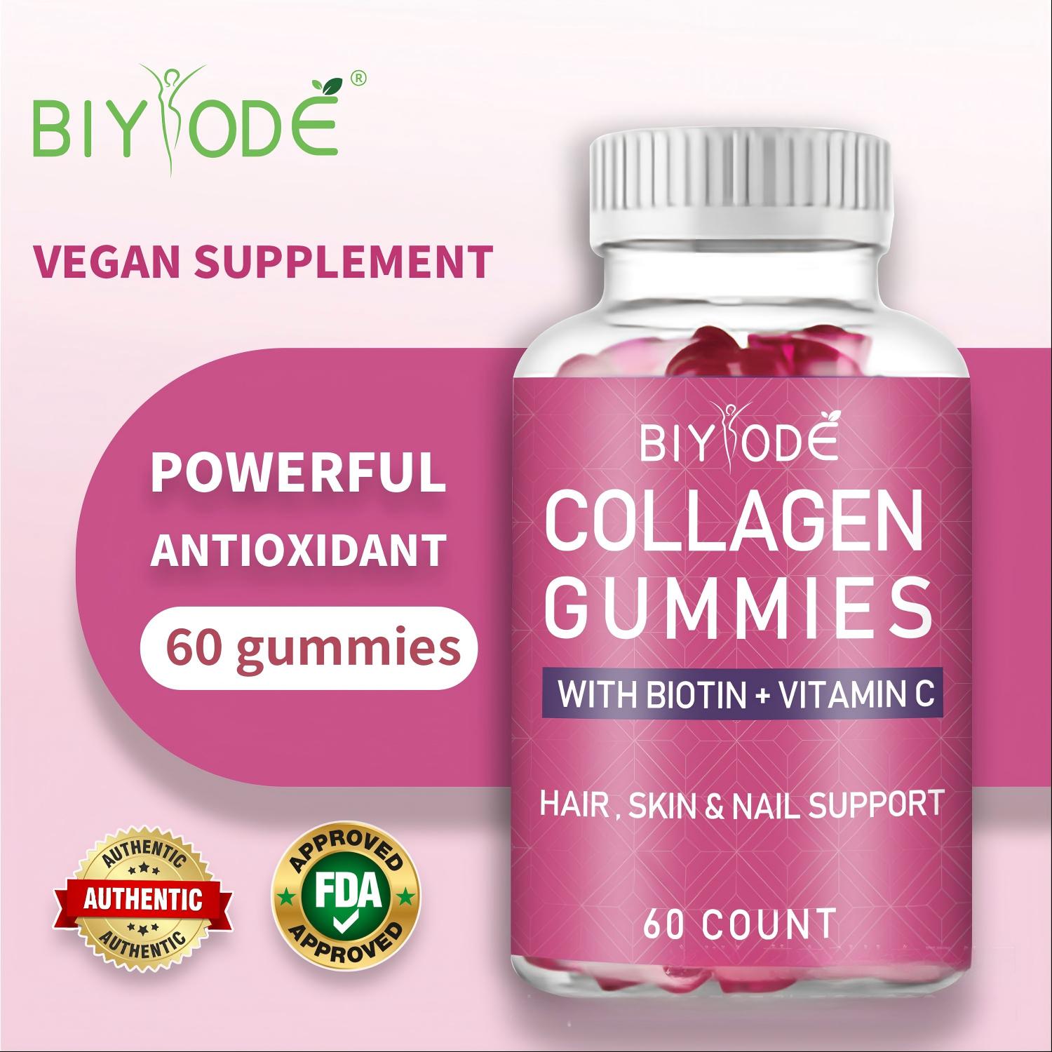 Collagen Gummies with Biotin + Vitamin C | Hair, Skin & Nail Support | 60 Count | Vegan Supplement | Powerful Antioxidant | FDA Approved