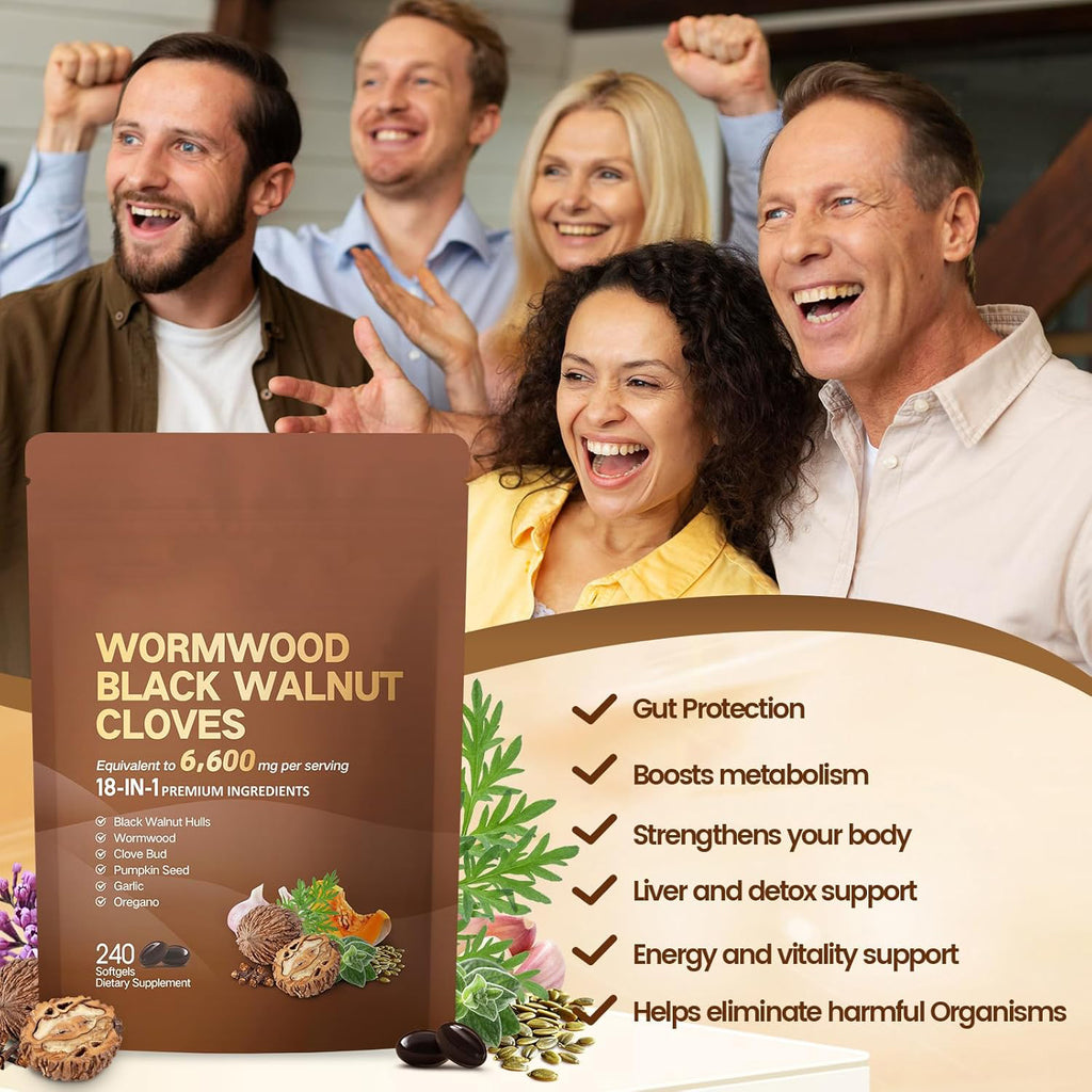 18-in-1 Black Walnut Wormwood Cleanse for Humans, 80 Day Supply, 6600mg Serving, Rapid Gut Cleanse & Digestive Health with Clove, Garlic, Turmeric, Pumpkin Seed, Oregano, Berberine & More 240 Softgels