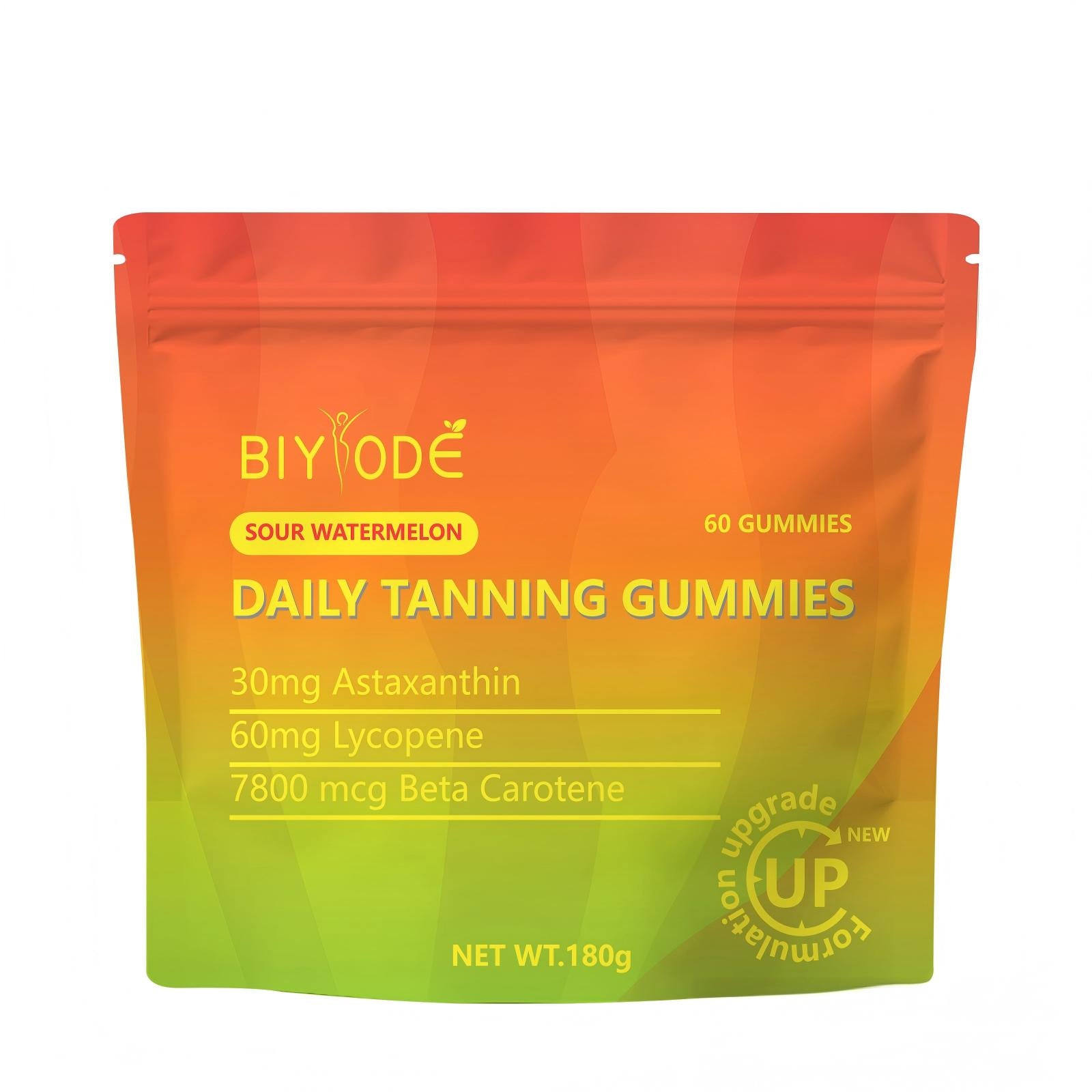 BIYODE Sour Watermelon Daily Tanning Gummies with Astaxanthin, Lycopene & Beta Carotene - 60 Gummies, Melanin Production Supplement for Natural Glow, Supports Skin Health, Vegan, No Added Sugar, 180g
