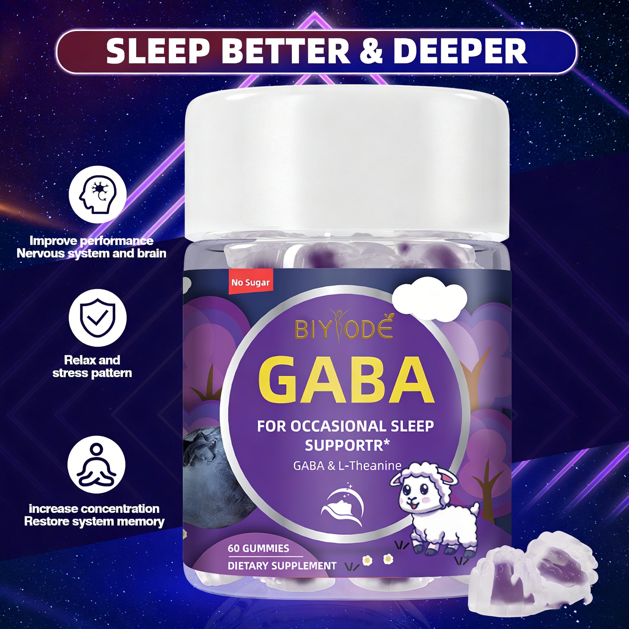GABA Sleep Gummies with L-Theanine - 60 Count Sugar-Free Gluten-Free Natural Sleep Support Supplement for Occasional Rest, Deeper Sleep & Stress Relief, Easy-Absorb Fermented Formula