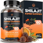 Himalayan Shilajit Gummies for Men & Women - Shilajit with KSM-66 Ashwagandha & Shatavari for Energy, Hormone & Stress Support - Vegan, Sugar-Free, Non-GMO Adaptogens - Black Currant Inspired - 60ct