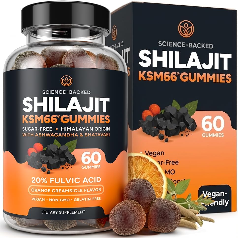 Himalayan Shilajit Gummies for Men & Women - Shilajit with KSM-66 Ashwagandha & Shatavari for Energy, Hormone & Stress Support - Vegan, Sugar-Free, Non-GMO Adaptogens - Black Currant Inspired - 60ct