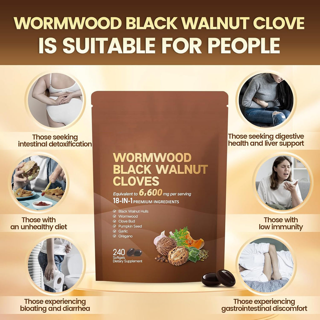 18-in-1 Black Walnut Wormwood Cleanse for Humans, 80 Day Supply, 6600mg Serving, Rapid Gut Cleanse & Digestive Health with Clove, Garlic, Turmeric, Pumpkin Seed, Oregano, Berberine & More 240 Softgels