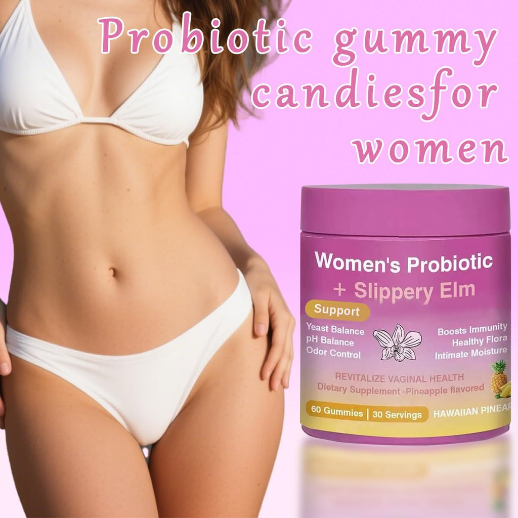 Juicy Probiotic Gummies for Women, Pineapple Flavor, pH Balance and Gut Health Support with Slippery Elm, Vegan