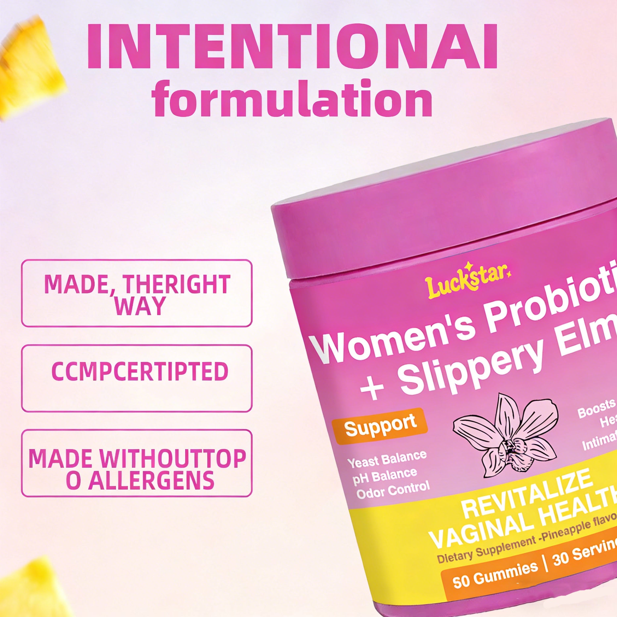 Juicy Probiotic Gummies for Women, Pineapple Flavor, pH Balance and Gut Health Support with Slippery Elm, Vegan