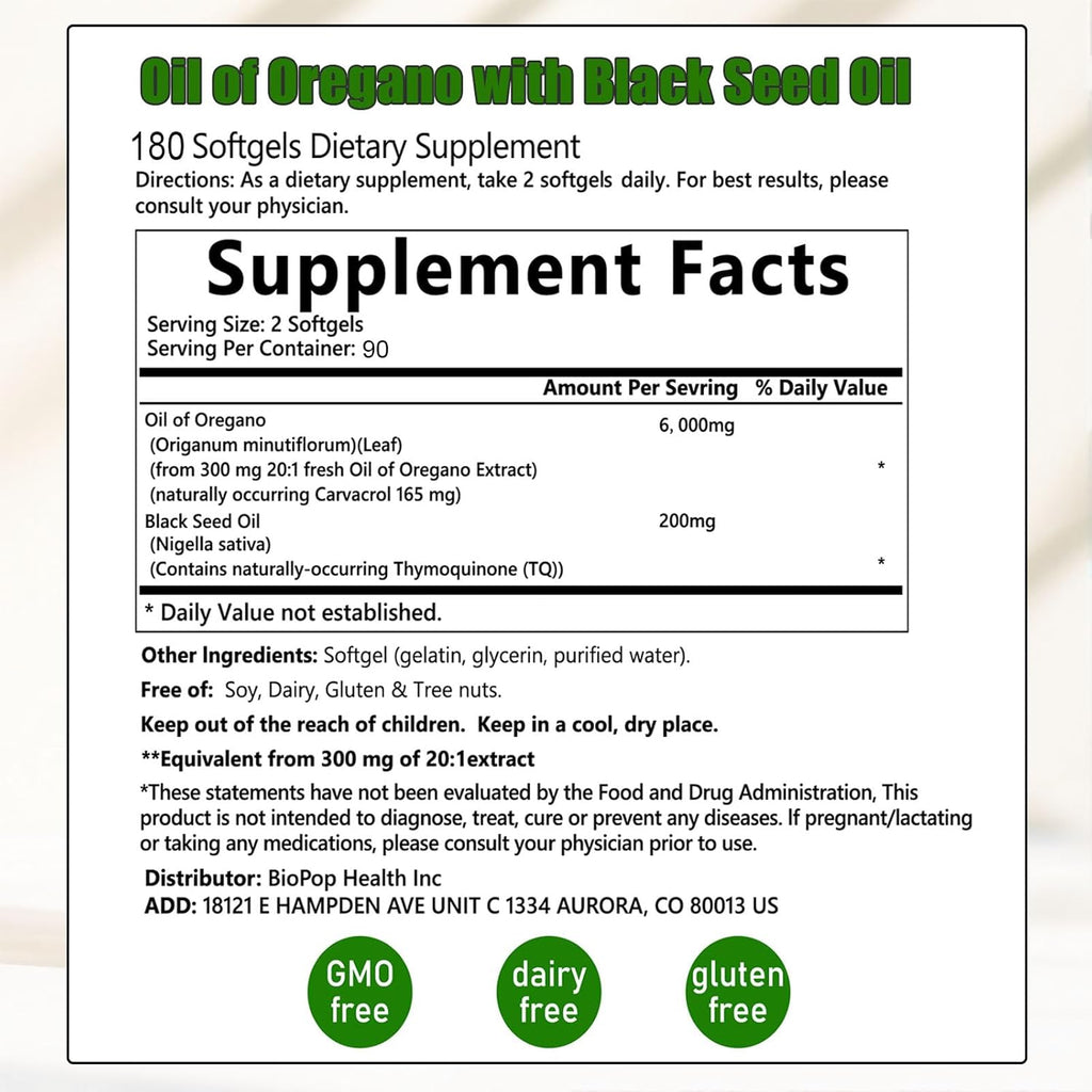 Oil of Oregano with Black Seed Oil, Oil of Oregano Softgels, 6000mg Pure & Natural Supplement, Immune Support | Improving Gut Health | Boosts Energy, Non-GMO, Gluten Free (1)