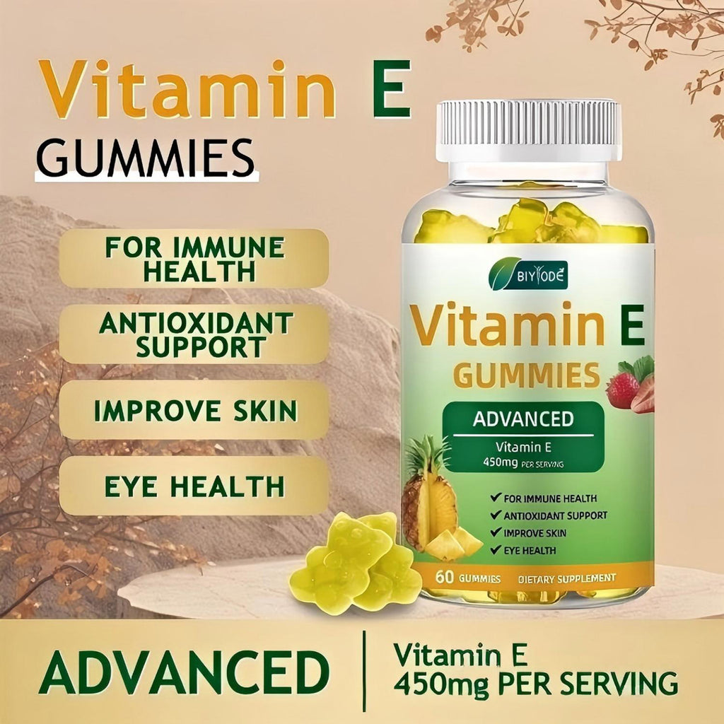 BIYODE Advanced Vitamin E Gummies 450mg, High Potency Vitamin E Supplement for Immune Support, Antioxidant, Skin & Eye Health, Sugar Free, Pectin-Based, Water Soluble, Delicious Pineapple Strawberry Flavor, 60 Gummies