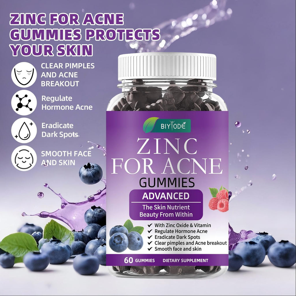 Zinc for Acne Gummies - 60 Gummies, Pectin-Based, Sugar-Free, with Zinc Oxide & Vitamin, Blueberry Raspberry Flavor - Helps Clear Pimples, Regulate Hormonal Acne, Eradicate Dark Spots, Smooth Skin - Dietary Supplement for Acne-Prone Skin