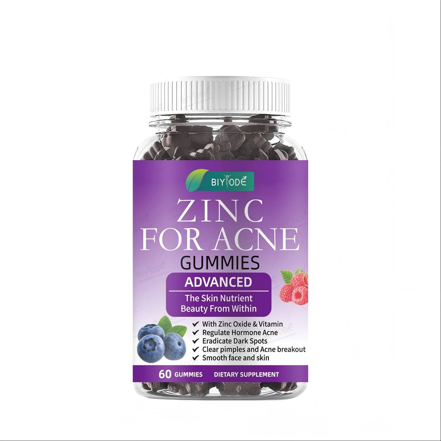 Zinc for Acne Gummies - 60 Gummies, Pectin-Based, Sugar-Free, with Zinc Oxide & Vitamin, Blueberry Raspberry Flavor - Helps Clear Pimples, Regulate Hormonal Acne, Eradicate Dark Spots, Smooth Skin - Dietary Supplement for Acne-Prone Skin