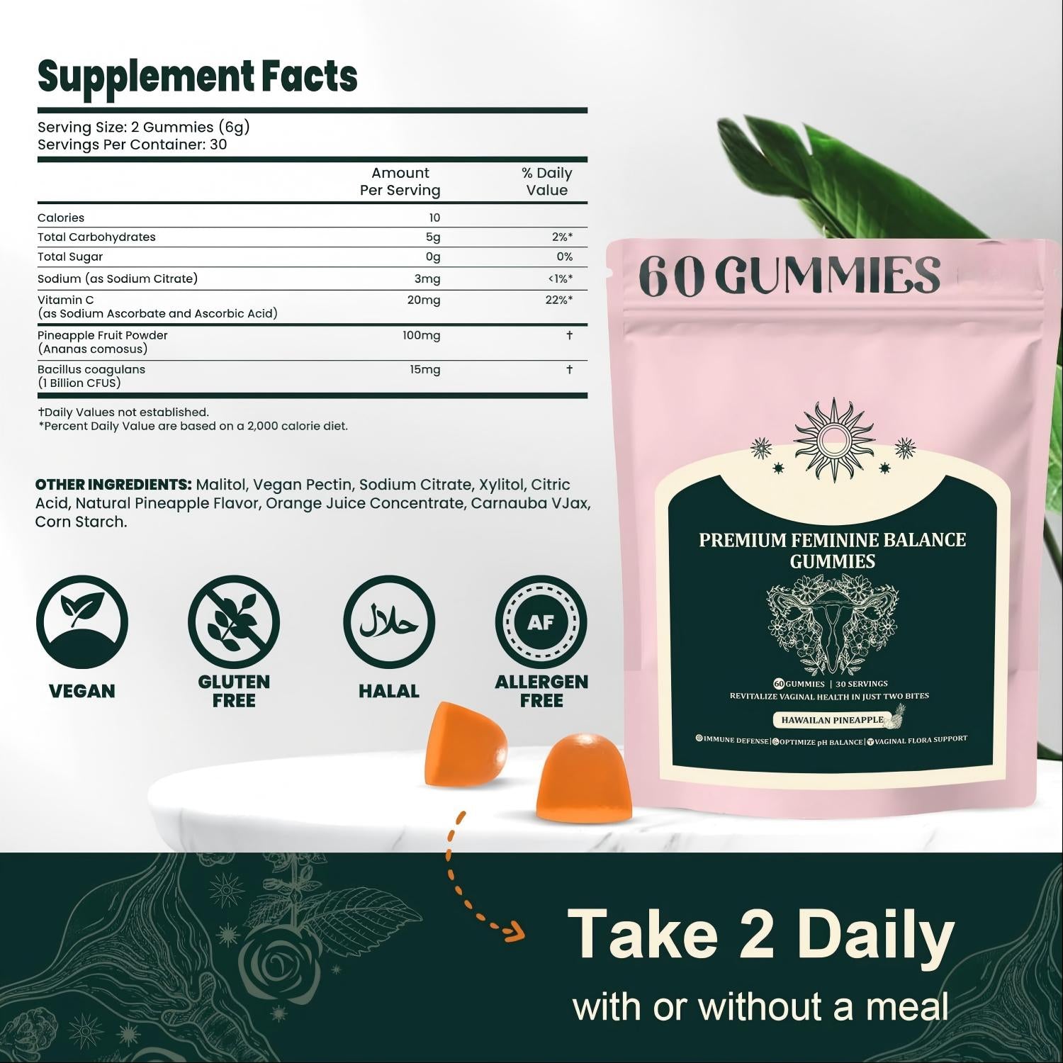 Premium Feminine Balance Gummies for Women, Hawaiian Pineapple Gummies for Women PH Balance Support - Immune Support Gluten-Free - 60 Gummies - 30 Servings