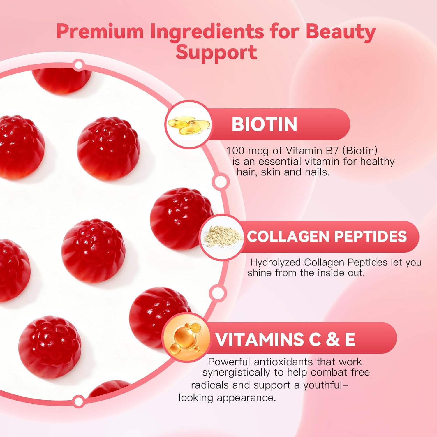 Collagen Gummies with Biotin, Vitamin C & E, Hydrolyzed Collagen Peptides for Hair, Skin & Nail Support, Peach Flavor, Sugar Free, Gluten Free, 30 Day Supply