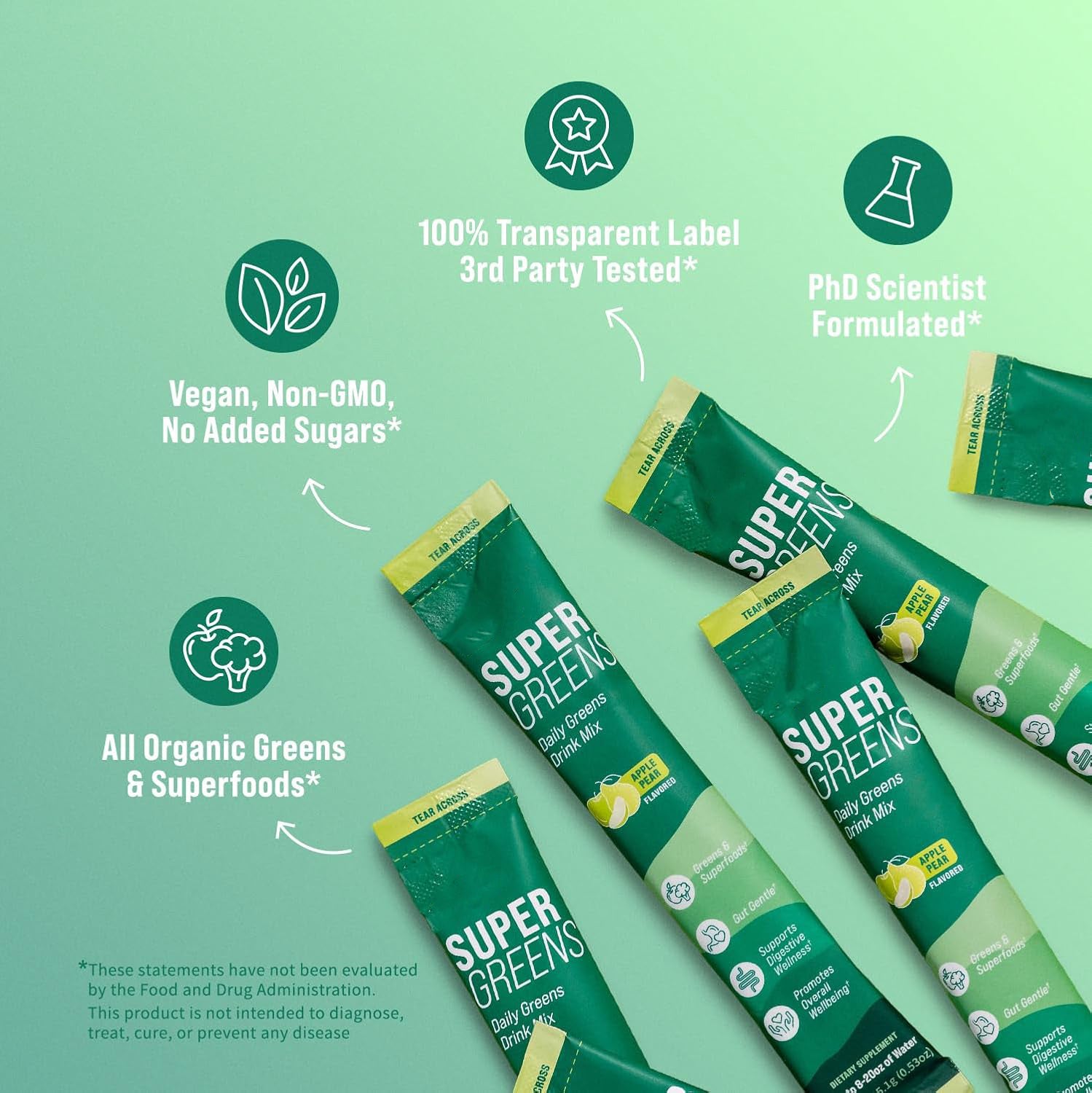 Supergreens Superfood Drink Mix with Chlorella, Moringa, Spinach, Broccoli, Digestive Enzymes, and Probiotics – Apple Pear Flavor, 20 Servings, Travel Pack