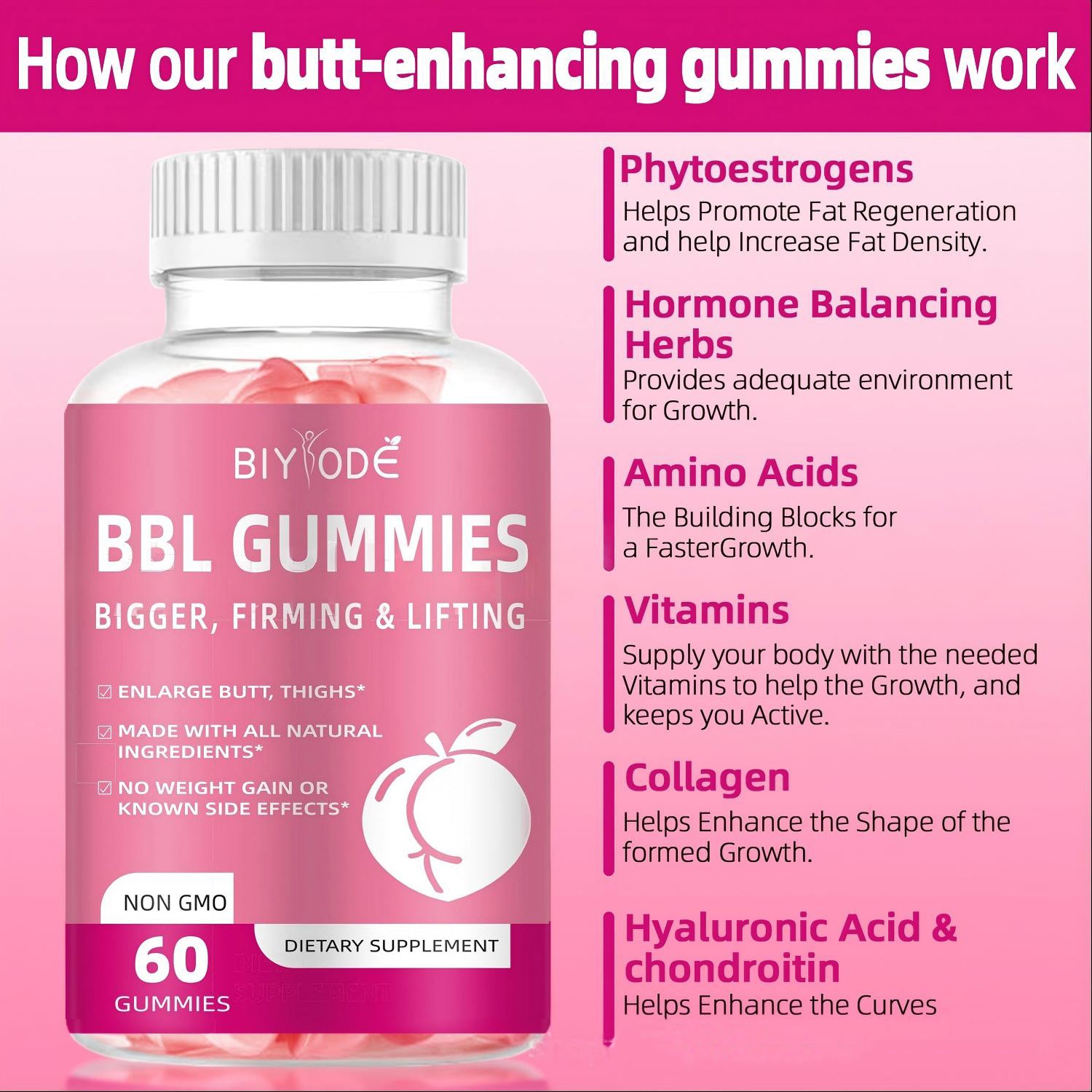 BIYODE BBL GUMMIES for Butt Enhancement - Bigger, Firming & Lifting, All Natural Butt Growth Supplement with Phytoestrogens, Hormone Balance Herbs, Collagen - Vegan, Keto Friendly, Gluten Free, Non-GMO, 60 Gummies