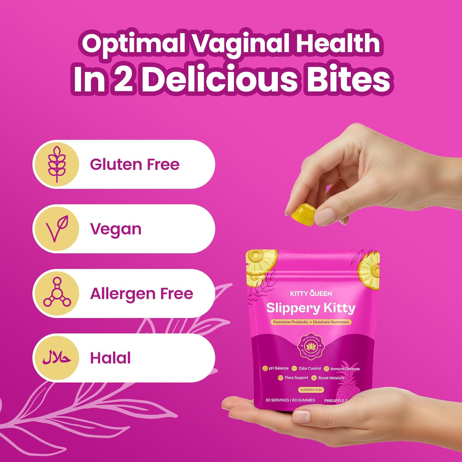 Feminine Probiotic and Moisture Gummies, Pineapple Flavor, Women’s Probiotic Gummies for Vaginal Health, pH Balance, Odor Control, Flora Support and Moisture Boost, 60 Count