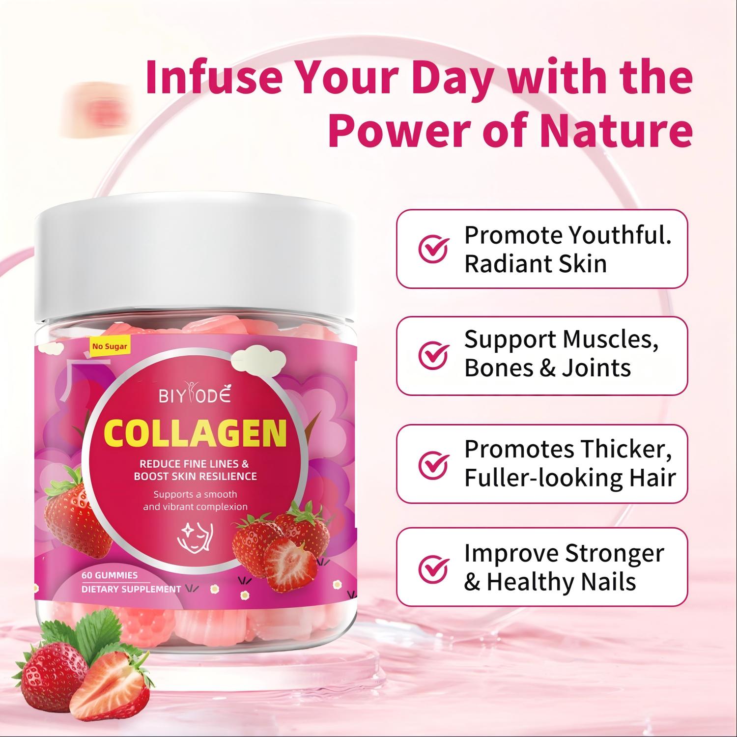 BIYODE Collagen Gummies 60 Count, Strawberry Flavor Sugar Free Supplement with 100mg Fish Collagen Peptides & Vitamin C, Supports Skin Hydration, Reduces Fine Lines, Boosts Skin, Hair & Nail Health, Promotes Joint Support, Vegan Dietary Supplement