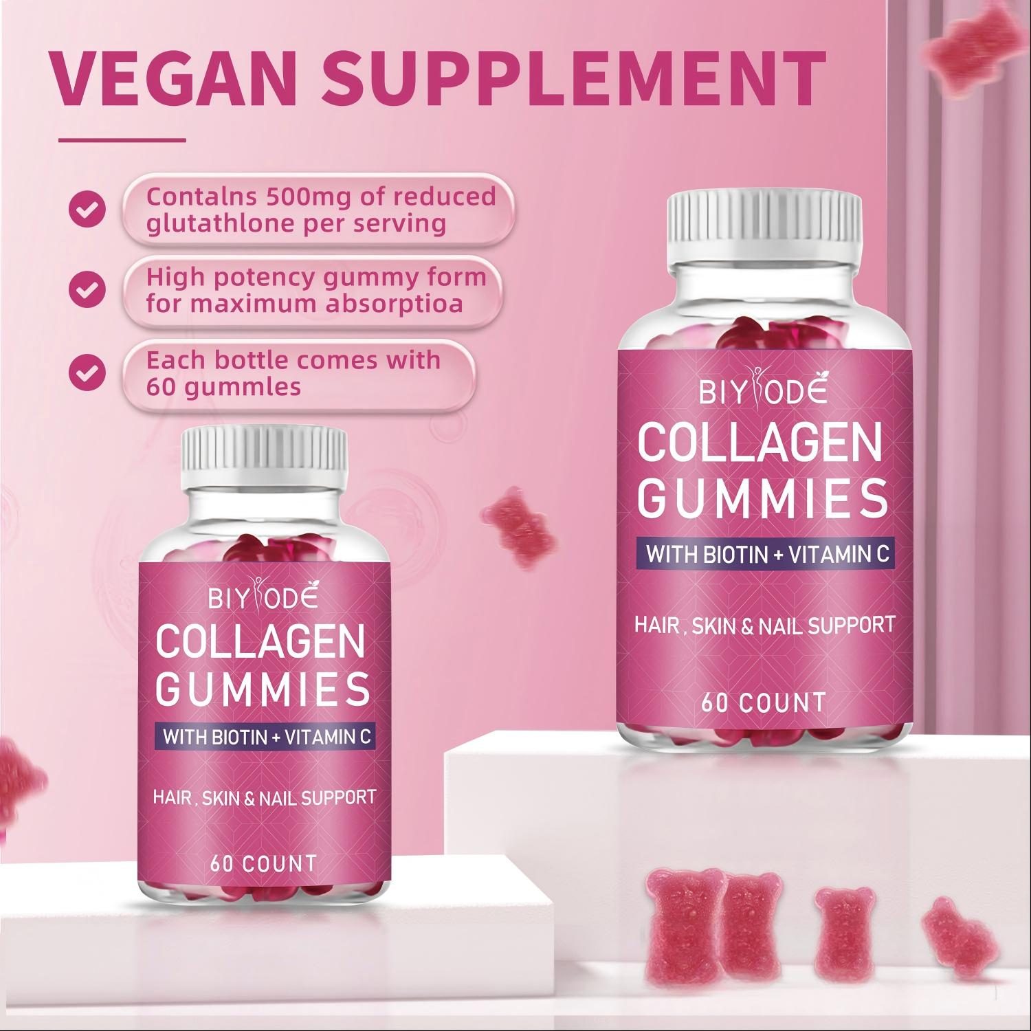 Collagen Gummies with Biotin + Vitamin C | Hair, Skin & Nail Support | 60 Count | Vegan Supplement | Powerful Antioxidant | FDA Approved