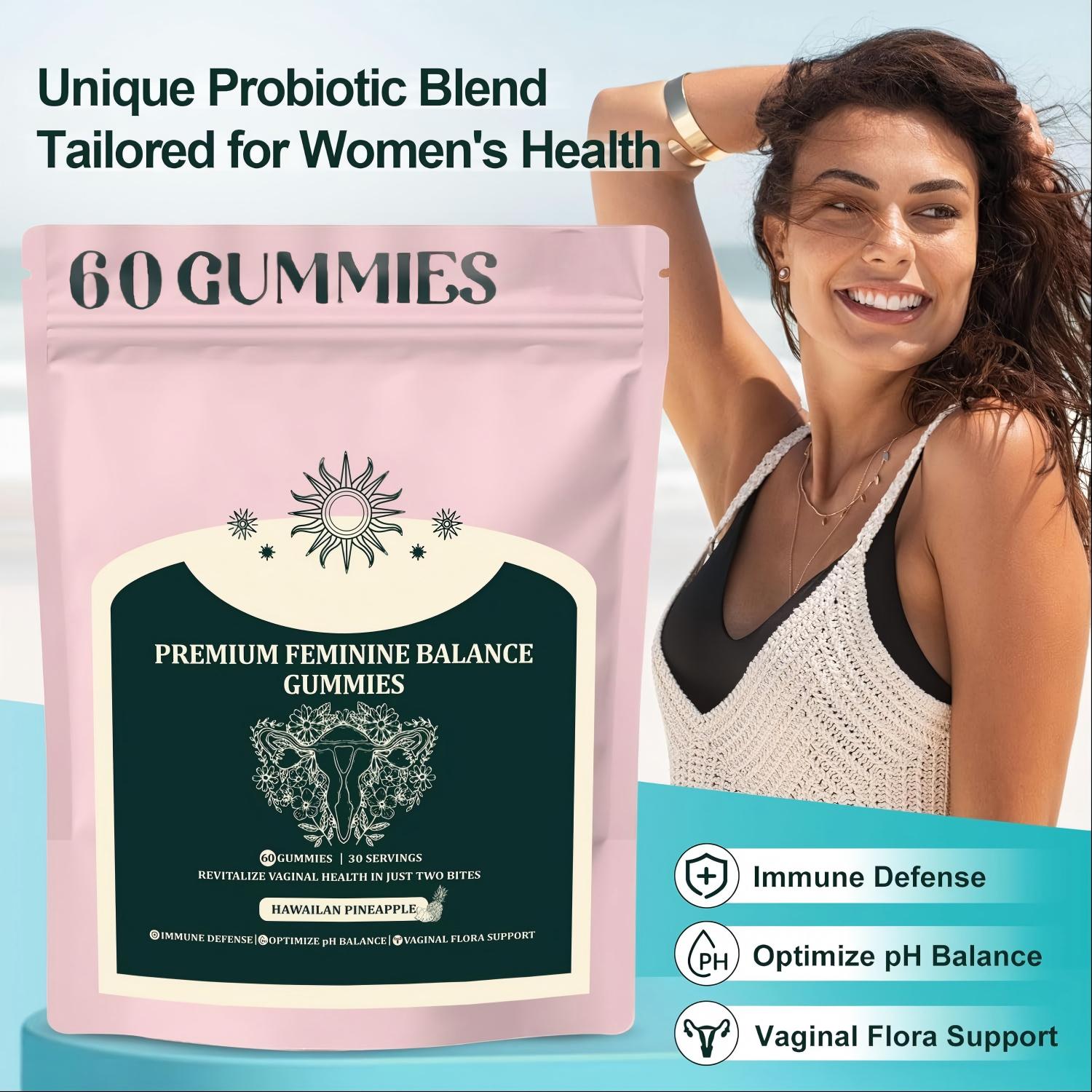 Premium Feminine Balance Gummies for Women, Hawaiian Pineapple Gummies for Women PH Balance Support - Immune Support Gluten-Free - 60 Gummies - 30 Servings