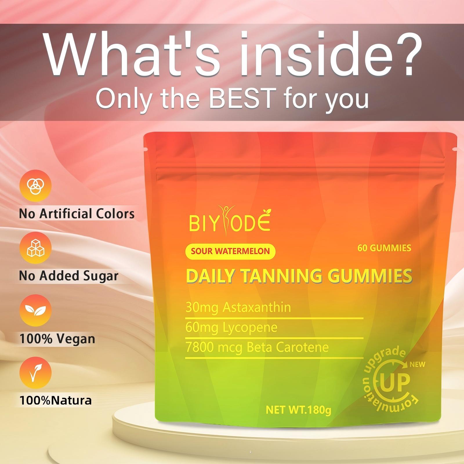 BIYODE Sour Watermelon Daily Tanning Gummies with Astaxanthin, Lycopene & Beta Carotene - 60 Gummies, Melanin Production Supplement for Natural Glow, Supports Skin Health, Vegan, No Added Sugar, 180g