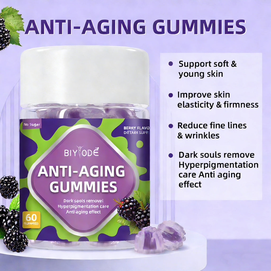 Anti-Aging Gummies with Collagen & Phytoceramides - 60 Sugar-Free Berry Flavor Supplement, Organic Vegan Anti-Aging Gummies for Skin Firmness, Fine Lines & Hyperpigmentation, Non-GMO