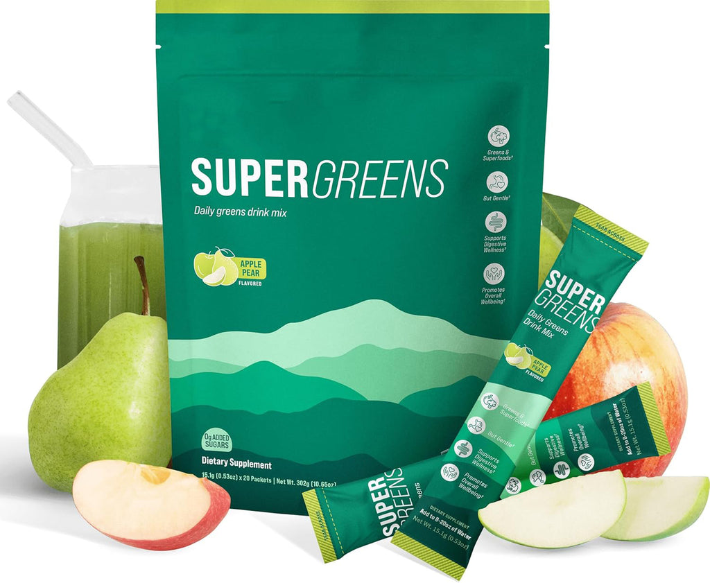 Supergreens Superfood Drink Mix with Chlorella, Moringa, Spinach, Broccoli, Digestive Enzymes, and Probiotics – Apple Pear Flavor, 20 Servings, Travel Pack