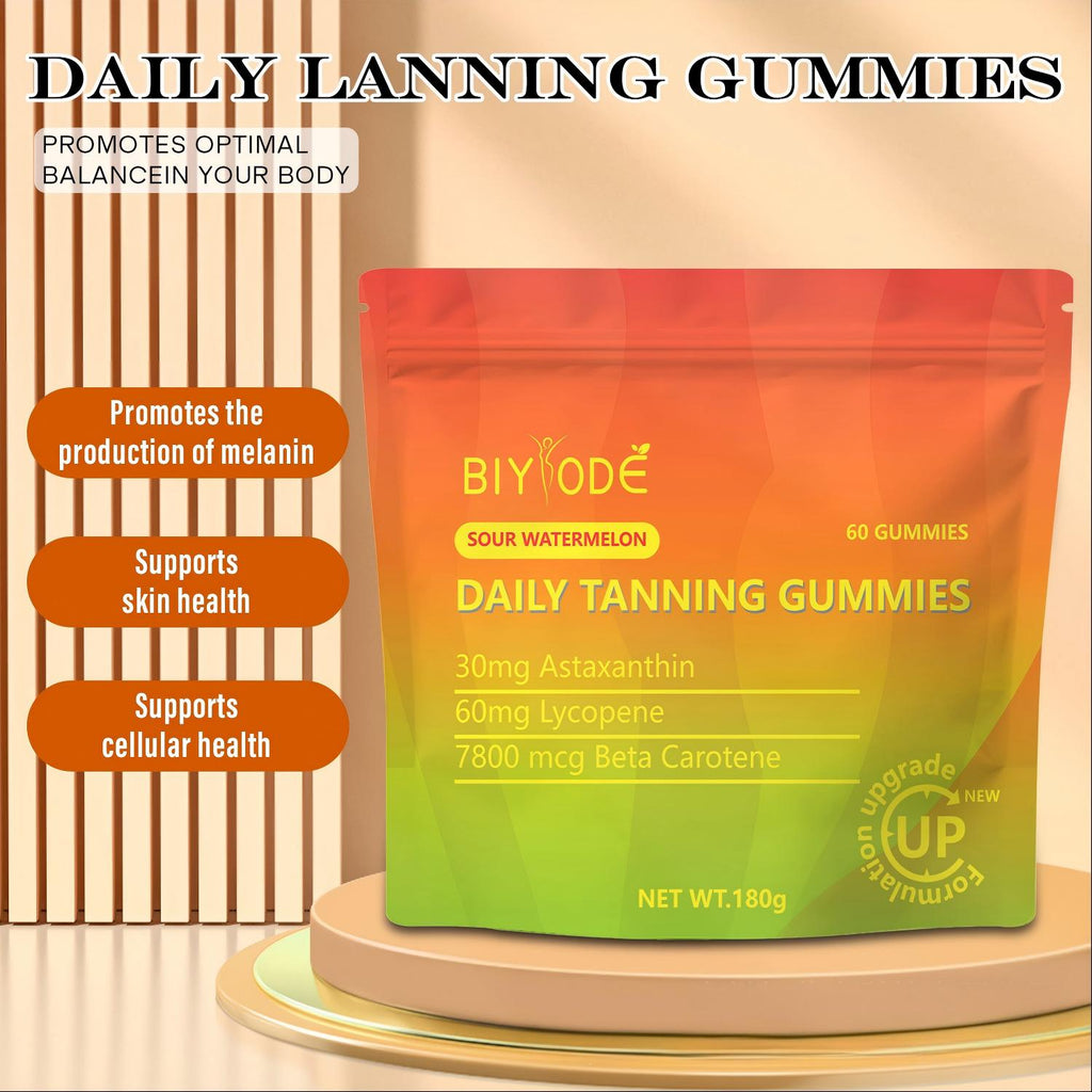 BIYODE Sour Watermelon Daily Tanning Gummies with Astaxanthin, Lycopene & Beta Carotene - 60 Gummies, Melanin Production Supplement for Natural Glow, Supports Skin Health, Vegan, No Added Sugar, 180g