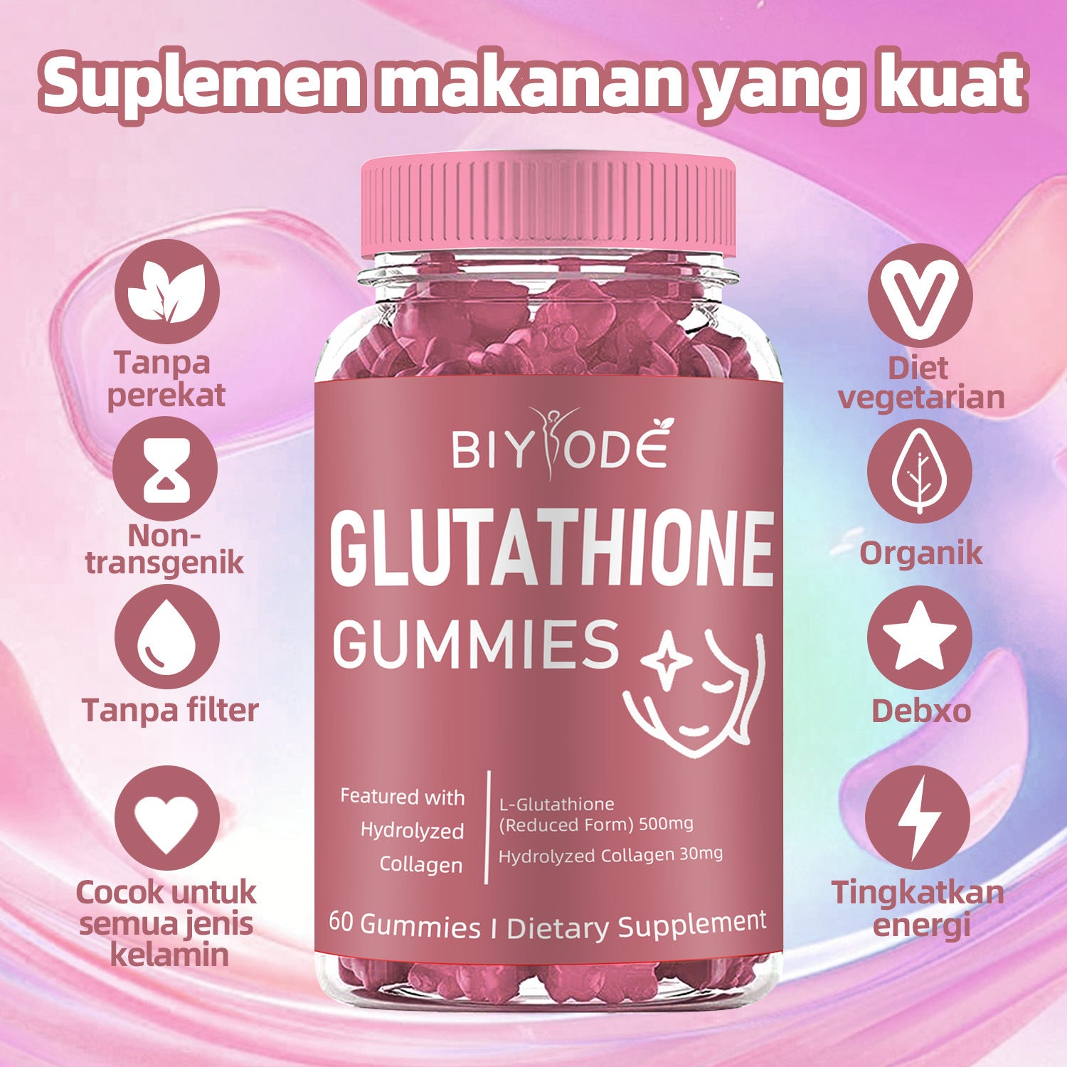 BIYODE Glutathione Gummies 500mg with Hydrolyzed Collagen, 60 Count, High Potency Skin Whitening & Anti-Aging Supplement, Natural Antioxidant for Freckle & Wrinkle Reduction, Sugar Free, Gluten Free, Vegan, 60 Gummies