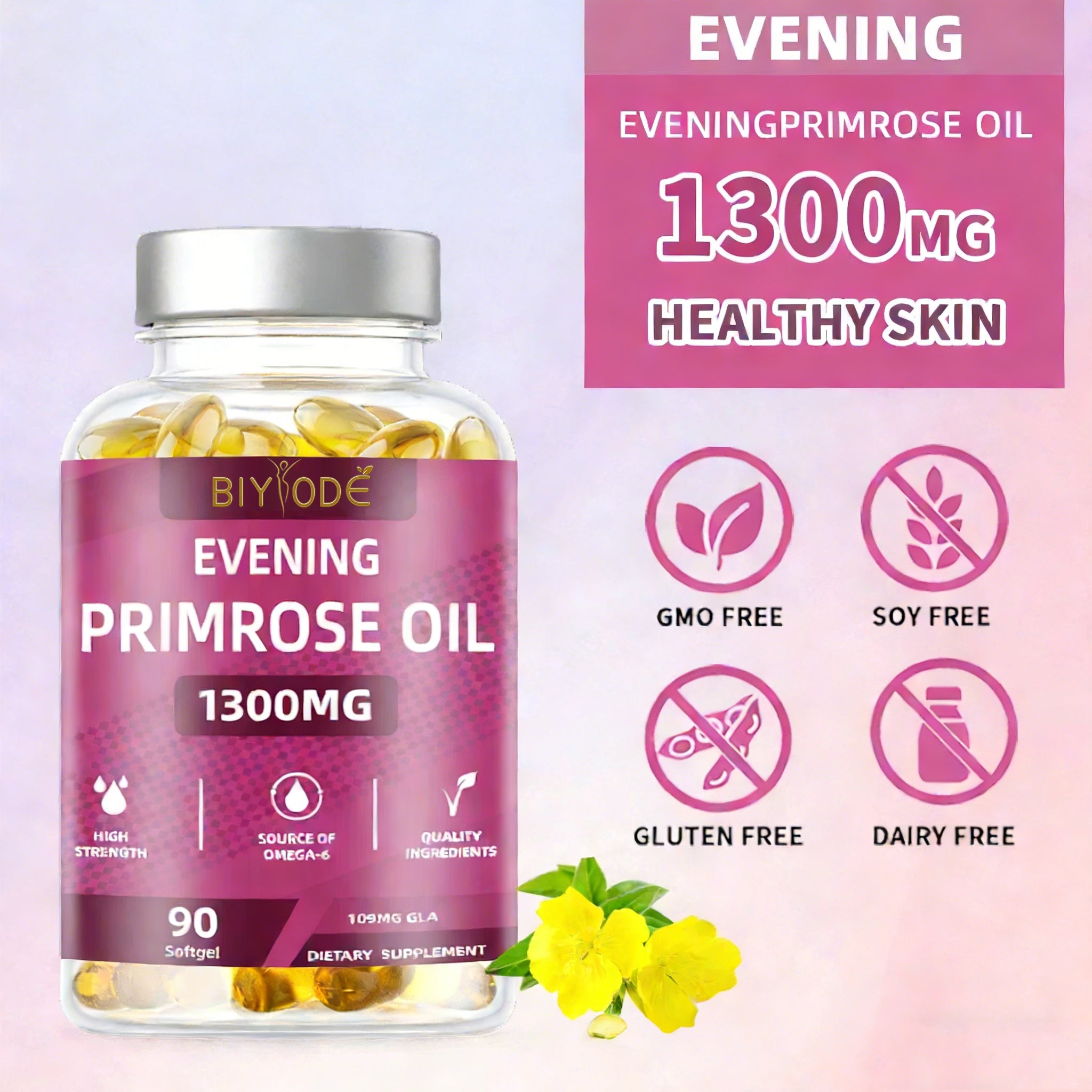 Evening Primrose Oil 1300mg Softgels - 90 Count, 109mg GLA Omega-6 Supplement for Healthy Skin, Hormone Support (PMS & Menopause), Non-GMO, Gluten-Free, Third-Party Tested