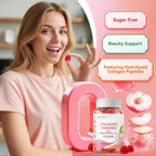 Collagen Gummies with Biotin, Vitamin C & E, Hydrolyzed Collagen Peptides for Hair, Skin & Nail Support, Peach Flavor, Sugar Free, Gluten Free, 30 Day Supply