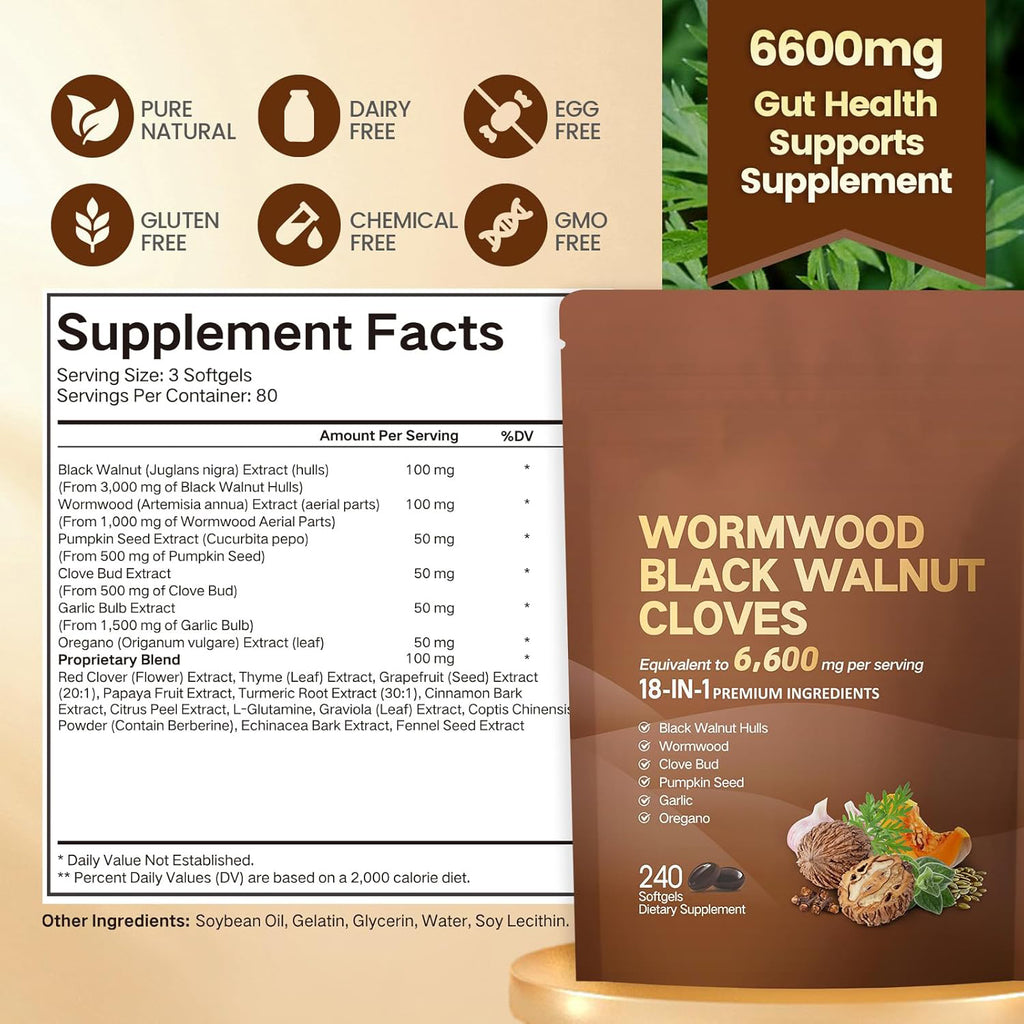18-in-1 Black Walnut Wormwood Cleanse for Humans, 80 Day Supply, 6600mg Serving, Rapid Gut Cleanse & Digestive Health with Clove, Garlic, Turmeric, Pumpkin Seed, Oregano, Berberine & More 240 Softgels