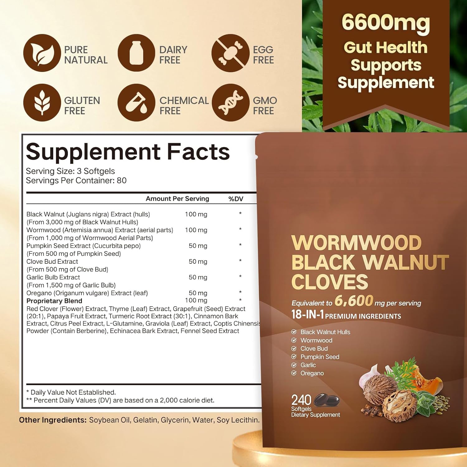 18-in-1 Black Walnut Wormwood Cleanse for Humans, 80 Day Supply, 6600mg Serving, Rapid Gut Cleanse & Digestive Health with Clove, Garlic, Turmeric, Pumpkin Seed, Oregano, Berberine & More 240 Softgels