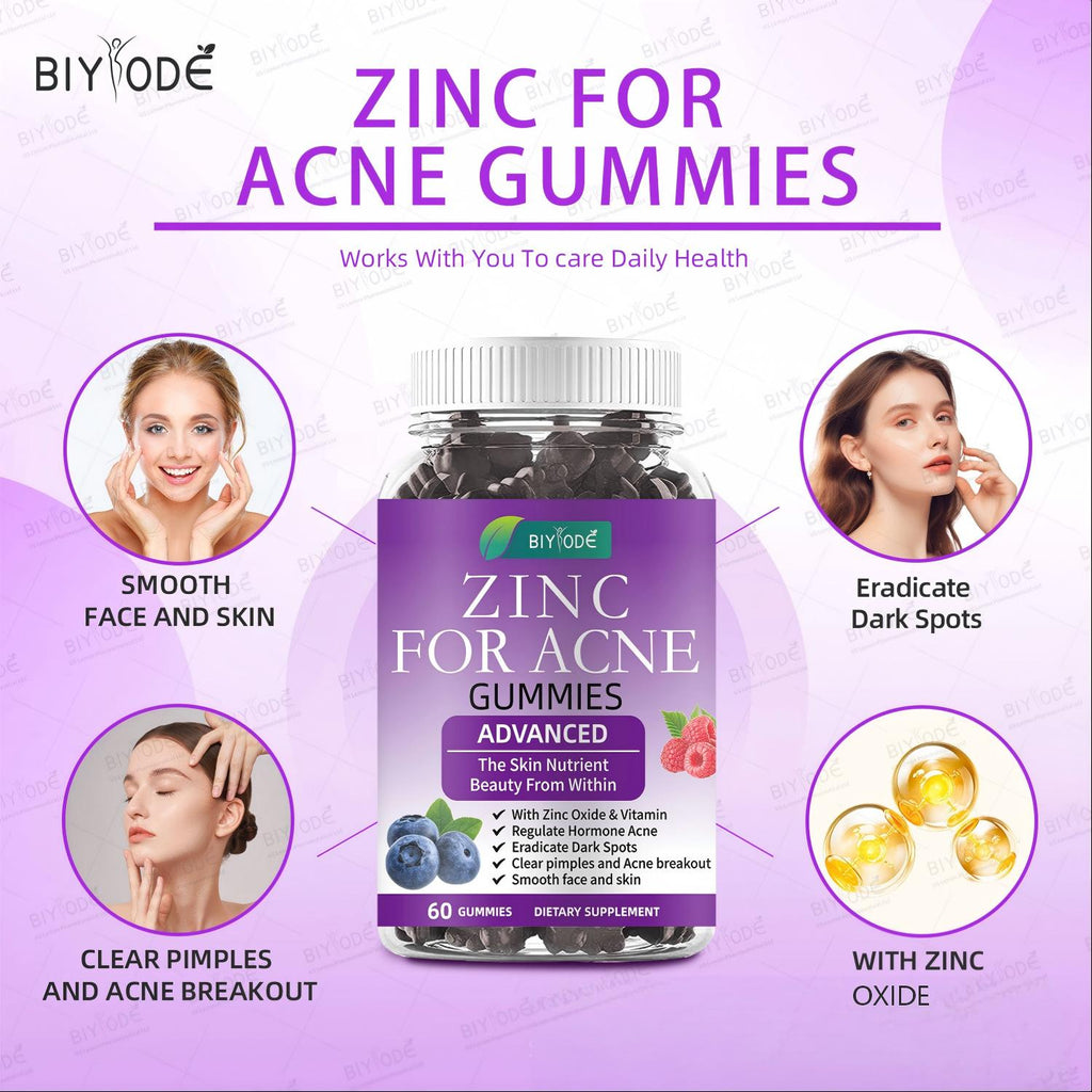 Zinc for Acne Gummies - 60 Gummies, Pectin-Based, Sugar-Free, with Zinc Oxide & Vitamin, Blueberry Raspberry Flavor - Helps Clear Pimples, Regulate Hormonal Acne, Eradicate Dark Spots, Smooth Skin - Dietary Supplement for Acne-Prone Skin