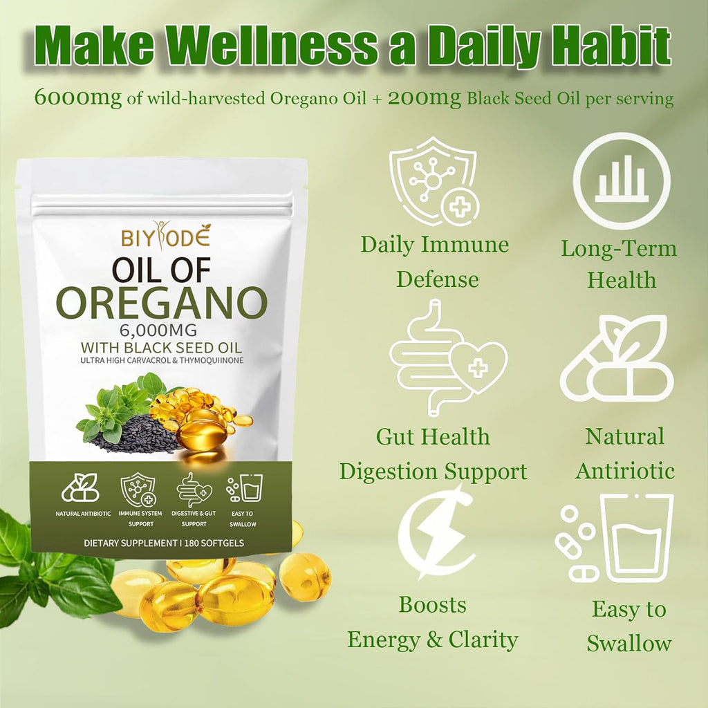Oil of Oregano with Black Seed Oil, Oil of Oregano Softgels, 6000mg Pure & Natural Supplement, Immune Support | Improving Gut Health | Boosts Energy, Non-GMO, Gluten Free (1)