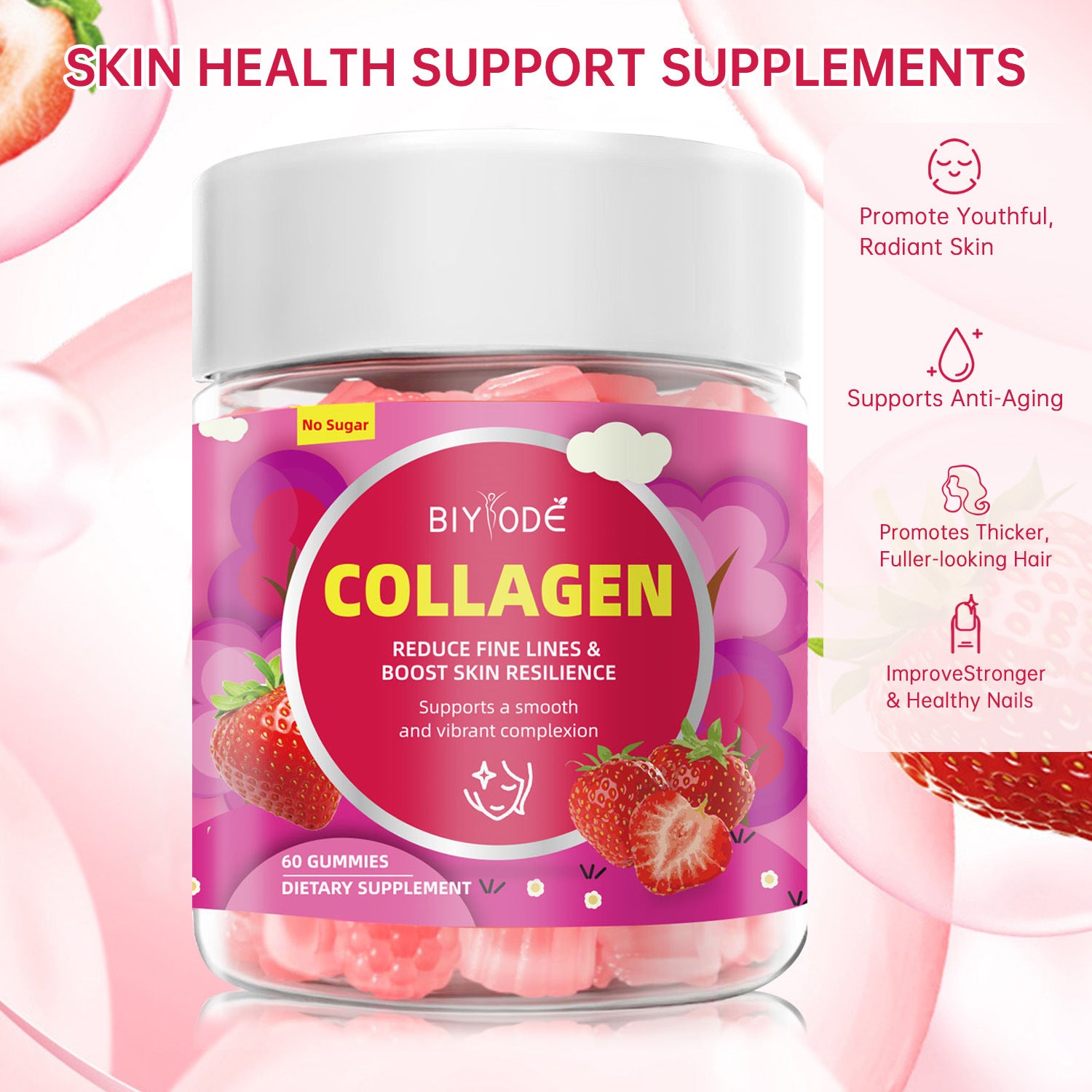 BIYODE Collagen Gummies 60 Count, Strawberry Flavor Sugar Free Supplement with 100mg Fish Collagen Peptides & Vitamin C, Supports Skin Hydration, Reduces Fine Lines, Boosts Skin, Hair & Nail Health, Promotes Joint Support, Vegan Dietary Supplement