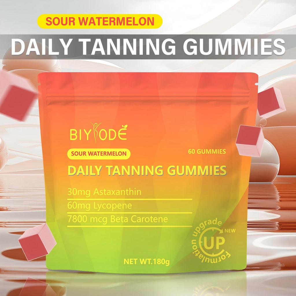 BIYODE Sour Watermelon Daily Tanning Gummies with Astaxanthin, Lycopene & Beta Carotene - 60 Gummies, Melanin Production Supplement for Natural Glow, Supports Skin Health, Vegan, No Added Sugar, 180g