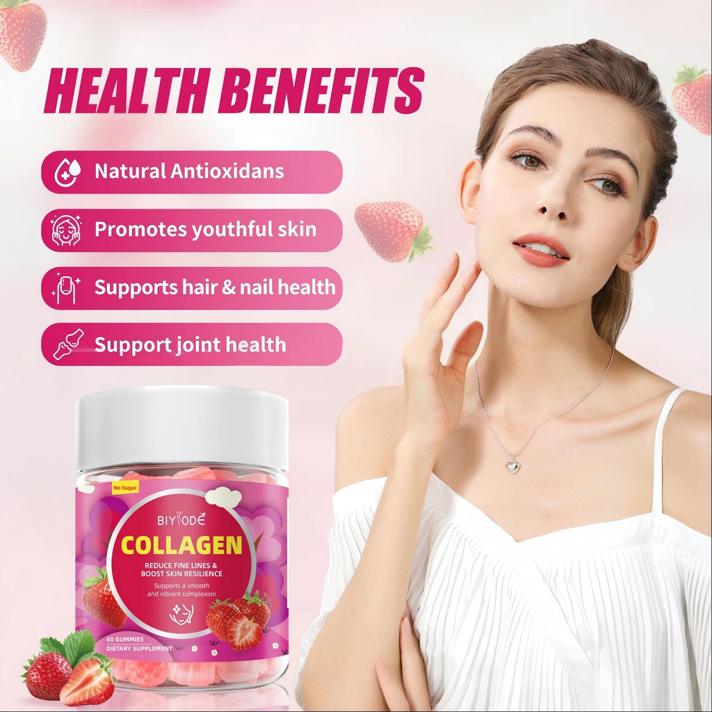 BIYODE Collagen Gummies 60 Count, Strawberry Flavor Sugar Free Supplement with 100mg Fish Collagen Peptides & Vitamin C, Supports Skin Hydration, Reduces Fine Lines, Boosts Skin, Hair & Nail Health, Promotes Joint Support, Vegan Dietary Supplement