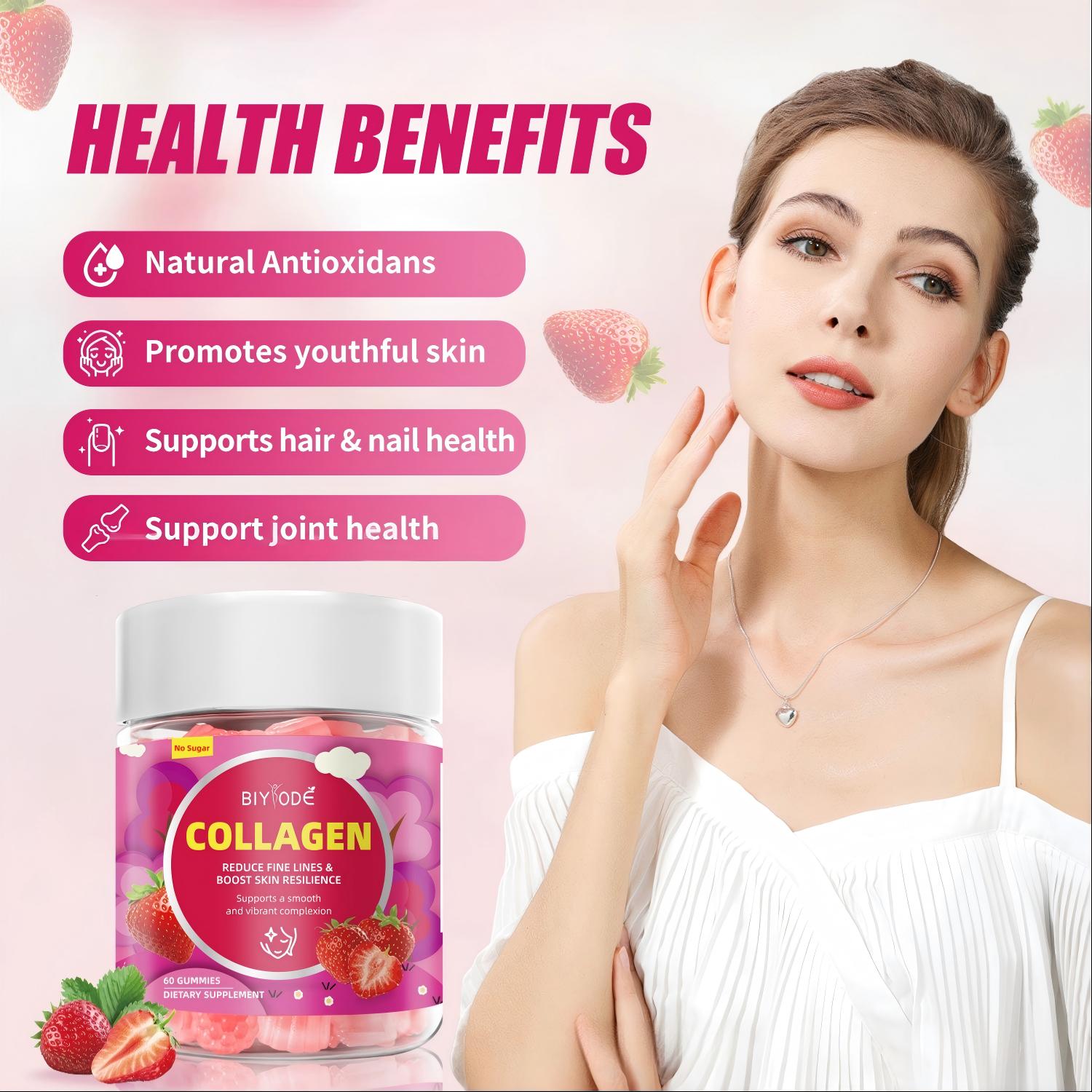 BIYODE Collagen Gummies 60 Count, Strawberry Flavor Sugar Free Supplement with 100mg Fish Collagen Peptides & Vitamin C, Supports Skin Hydration, Reduces Fine Lines, Boosts Skin, Hair & Nail Health, Promotes Joint Support, Vegan Dietary Supplement