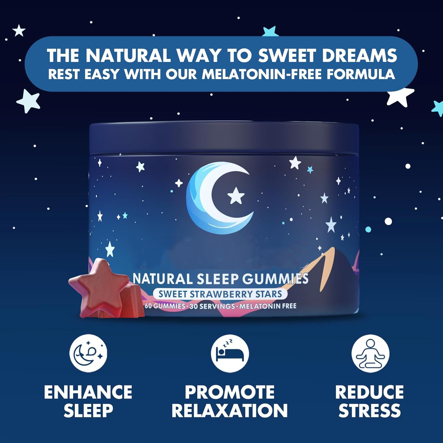 Natural Sleep Gummies - Made in USA - With 5-HTP, L-Theanine, Magnesium & Valerian Root - Melatonin Free - Vegan - Halal - Sugar, Gluten Free - Sweet Strawberry - 60 Gummies - 30 Servings