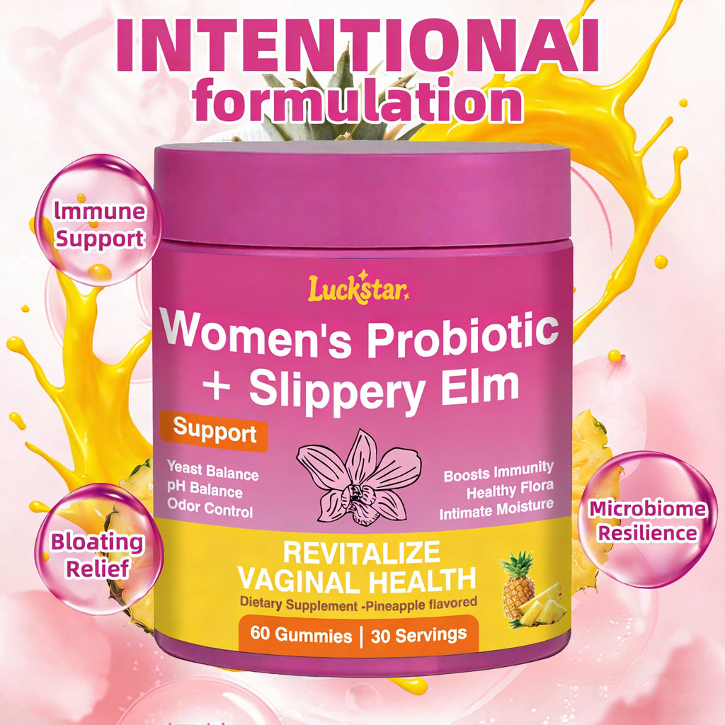 Juicy Probiotic Gummies for Women, Pineapple Flavor, pH Balance and Gut Health Support with Slippery Elm, Vegan