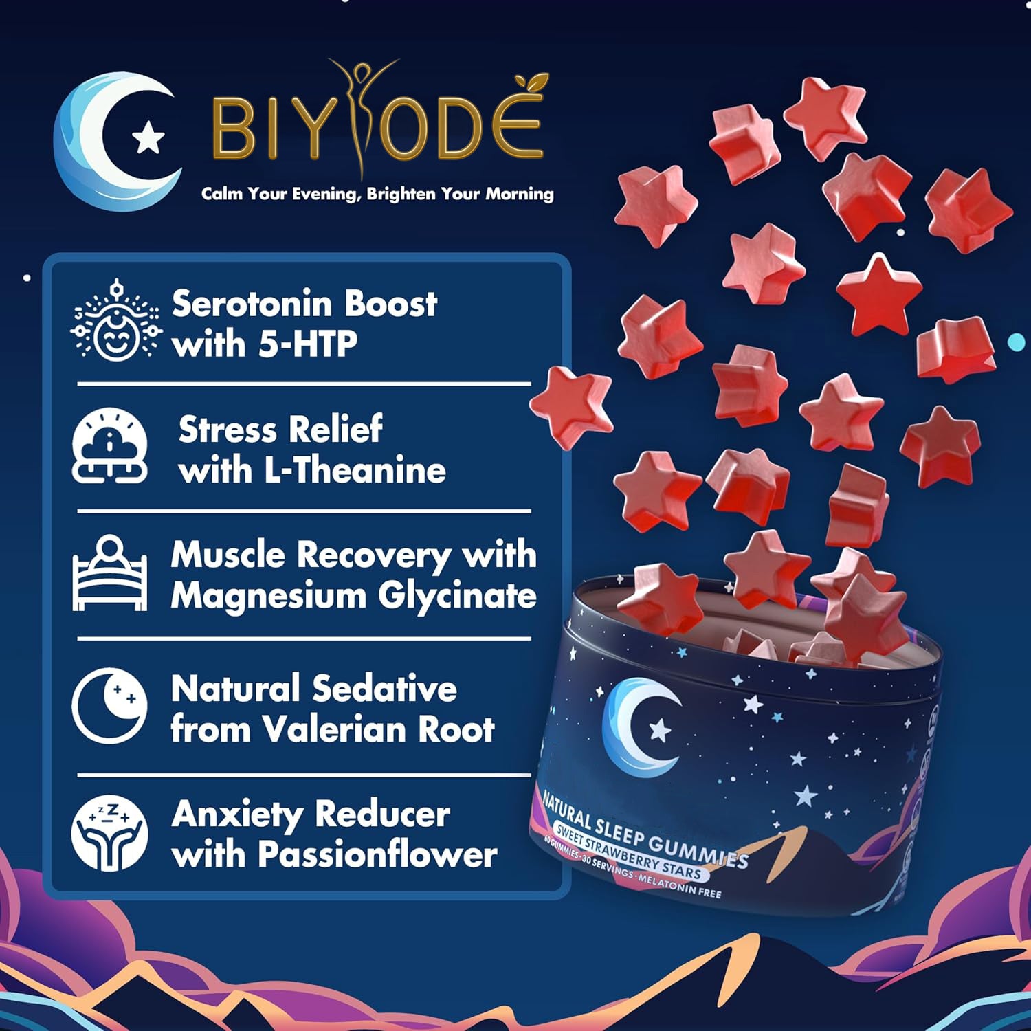 Natural Sleep Gummies - Made in USA - With 5-HTP, L-Theanine, Magnesium & Valerian Root - Melatonin Free - Vegan - Halal - Sugar, Gluten Free - Sweet Strawberry - 60 Gummies - 30 Servings